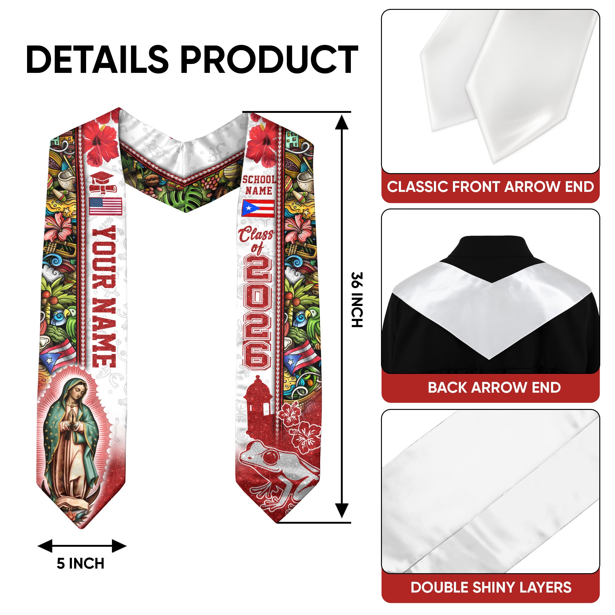 Custom Puerto Rico Graduation Sash 2026 Virgin Mary American Flag Coqui Frog Stole Gift