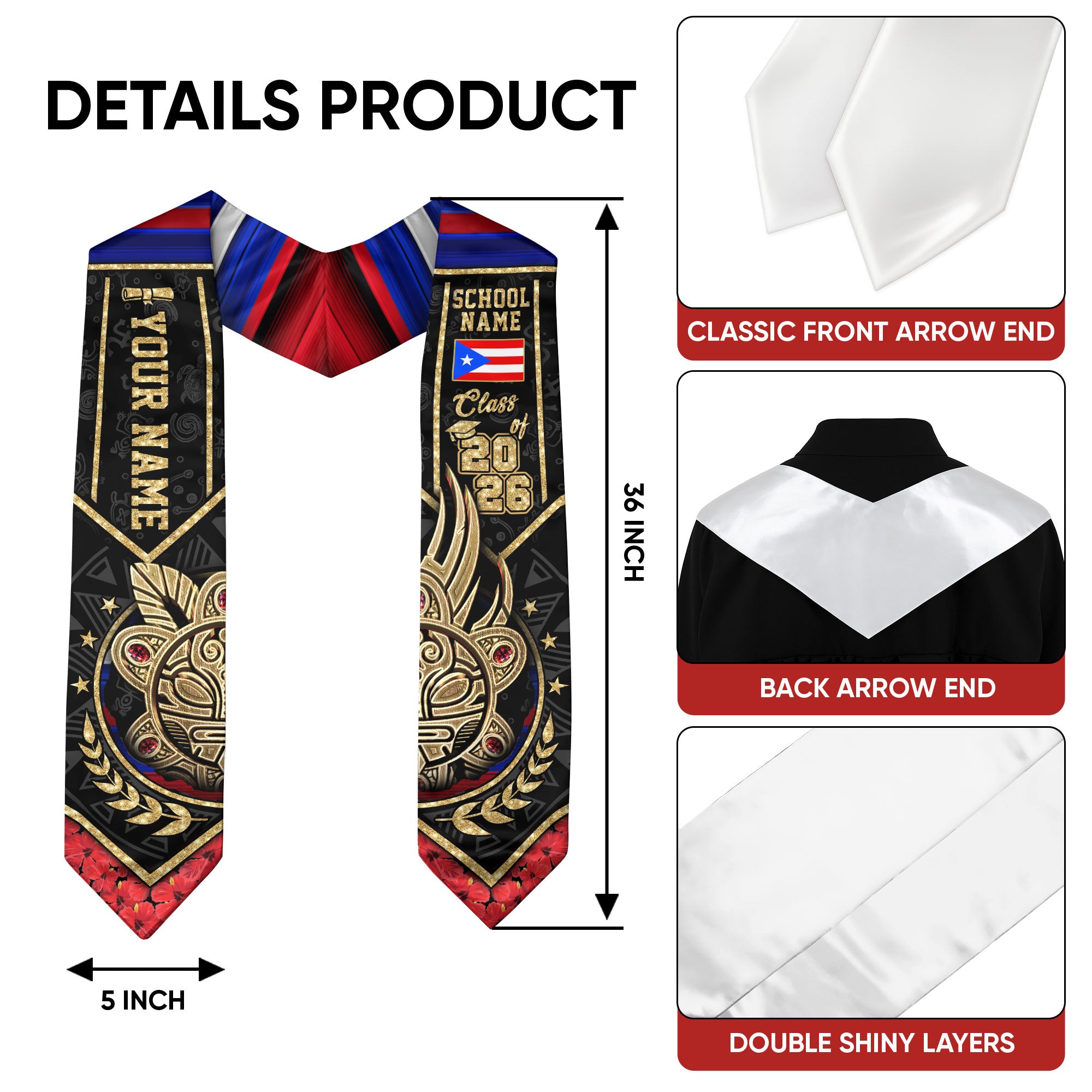 Personalized Puerto Rico American Flag Graduation Stole 2026 Taino Mask Coqui Frog Sash