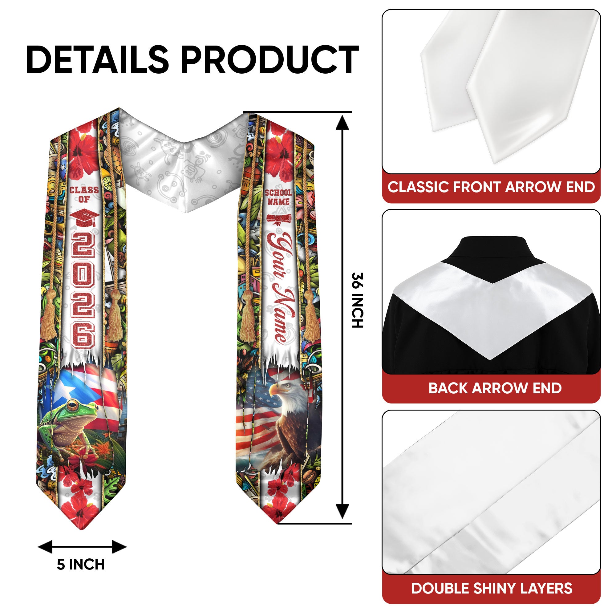 Puerto Rican American Flag Graduation Stole 2026 Custom Eagle Coqui Frog Graduation Sash
