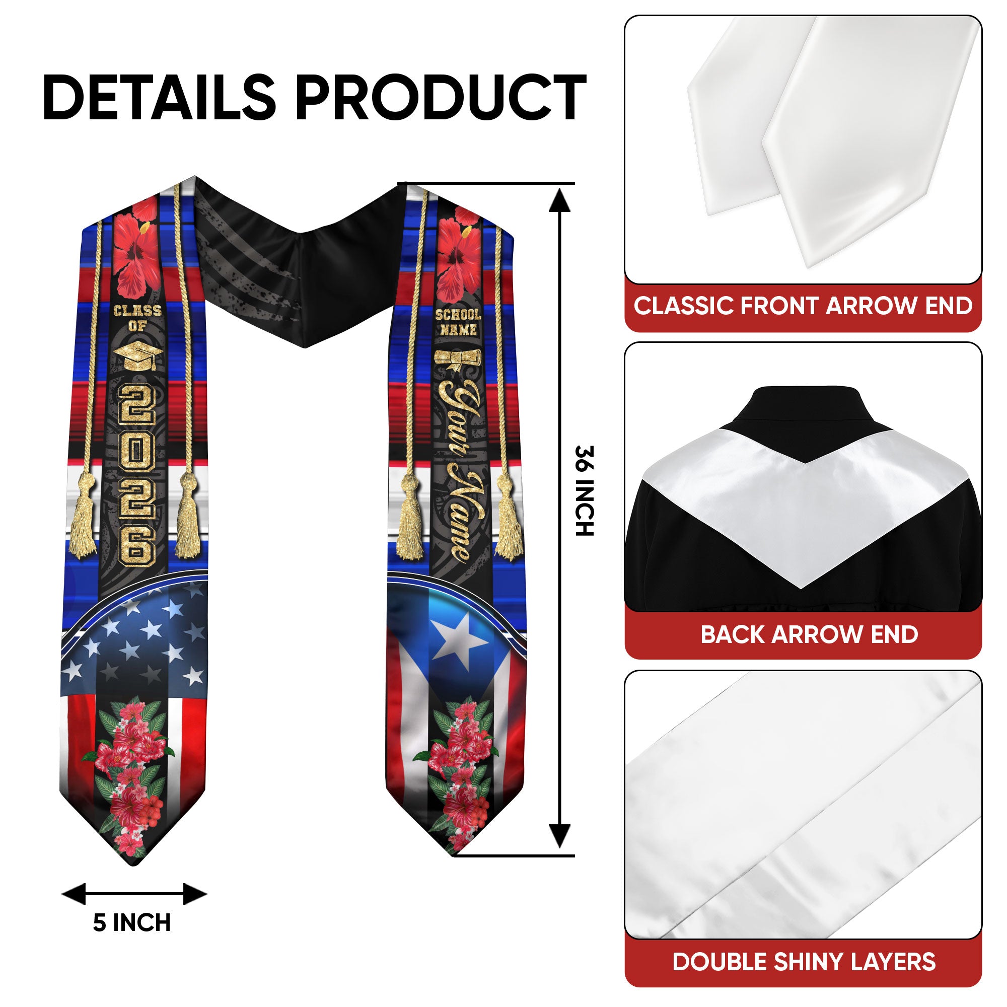 Puerto Rican American Flag Graduation Stole 2026 Custom Hibiscus Graduation Sash