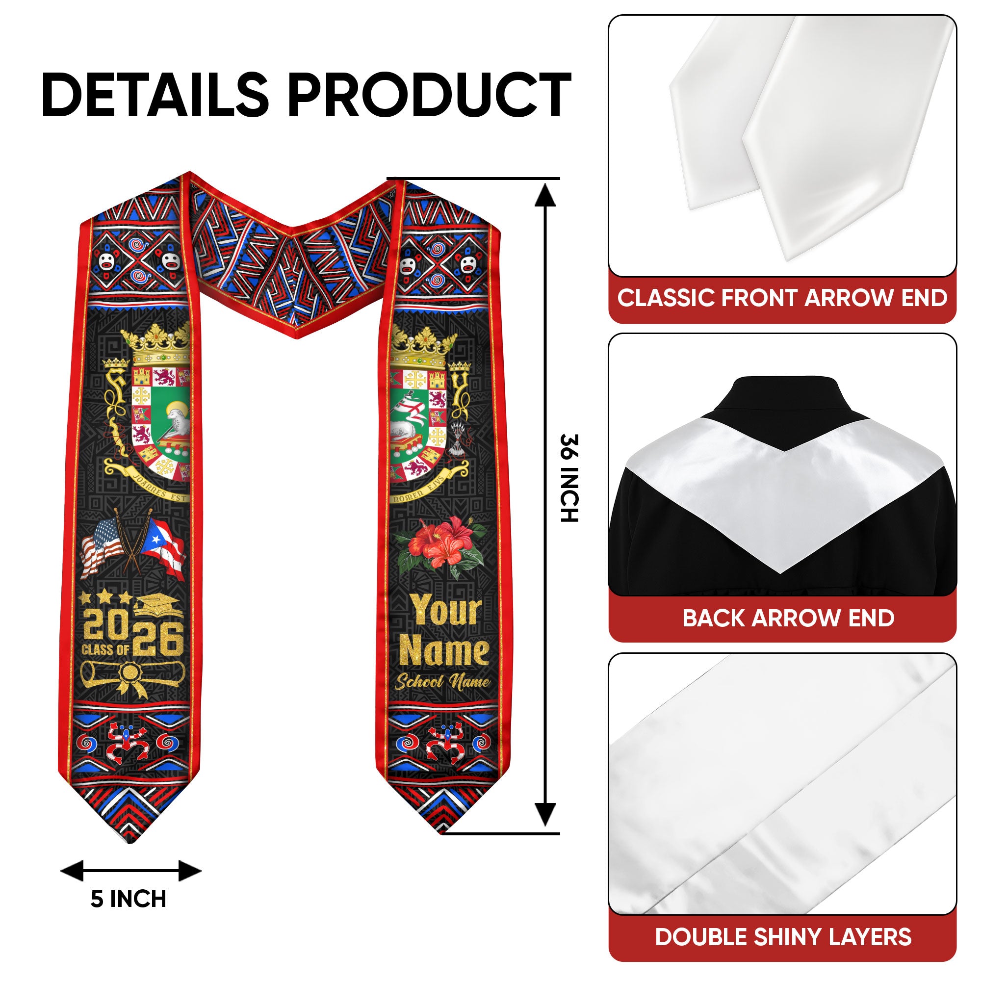 Custom Puerto Rico Graduation Stole 2026 Coat of Arms Flags Hibiscus Graduation Sash