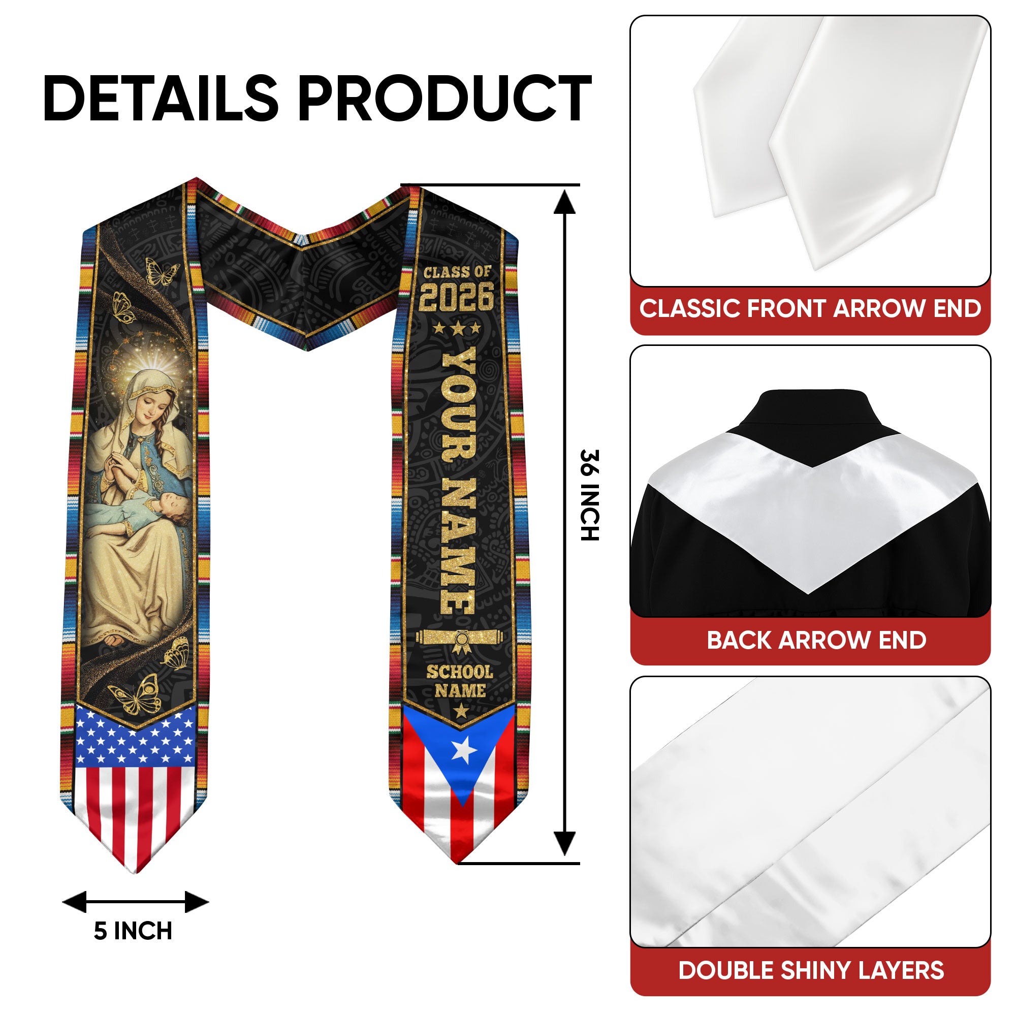 Custom Puerto Rico Graduation Stole 2026 Virgin Mary Butterfly USA Flag Graduation Sash