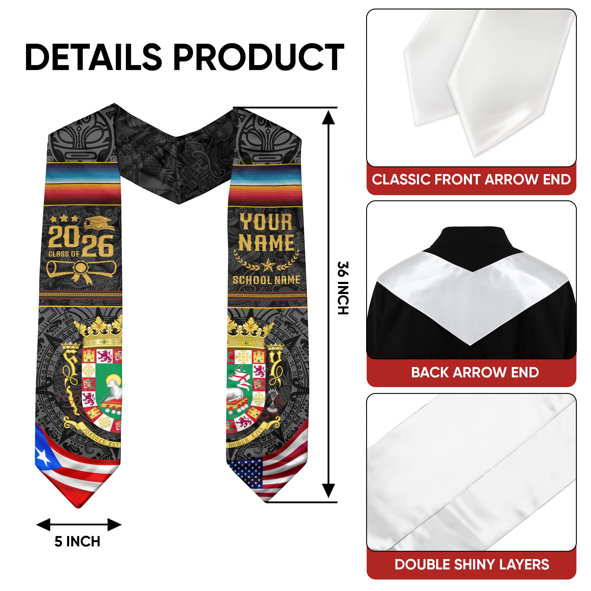 Custom Puerto Rico Graduation Stole 2026 Coat of Arms USA PR Flags Graduation Sash