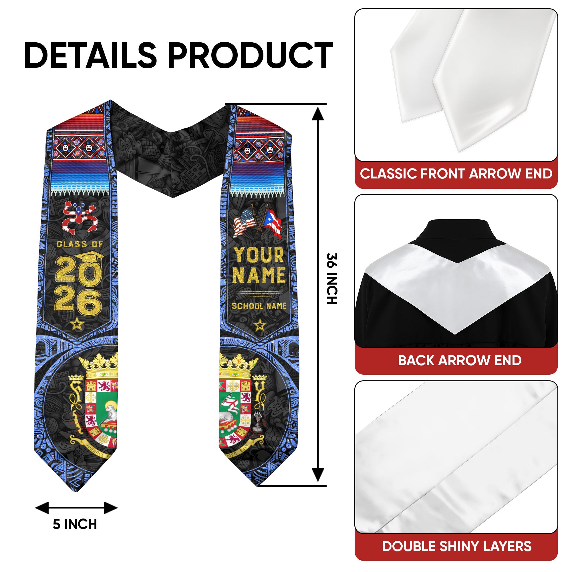 Personalized Puerto Rico Graduation Stole 2026 Heritage Flag Taino Art Graduation Sash