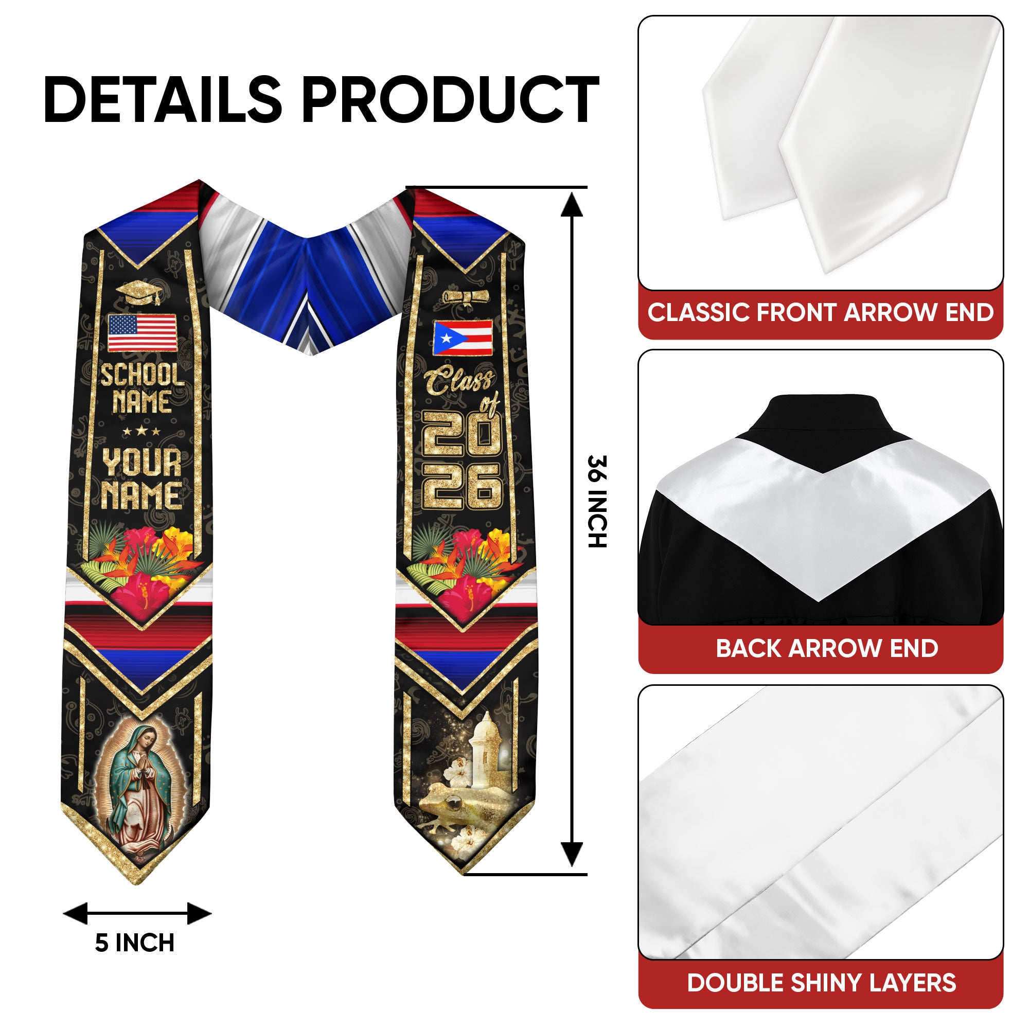 Custom Puerto Rico American Flag Graduation Sash Class of 2026 Puerto Rican Stole Coqui