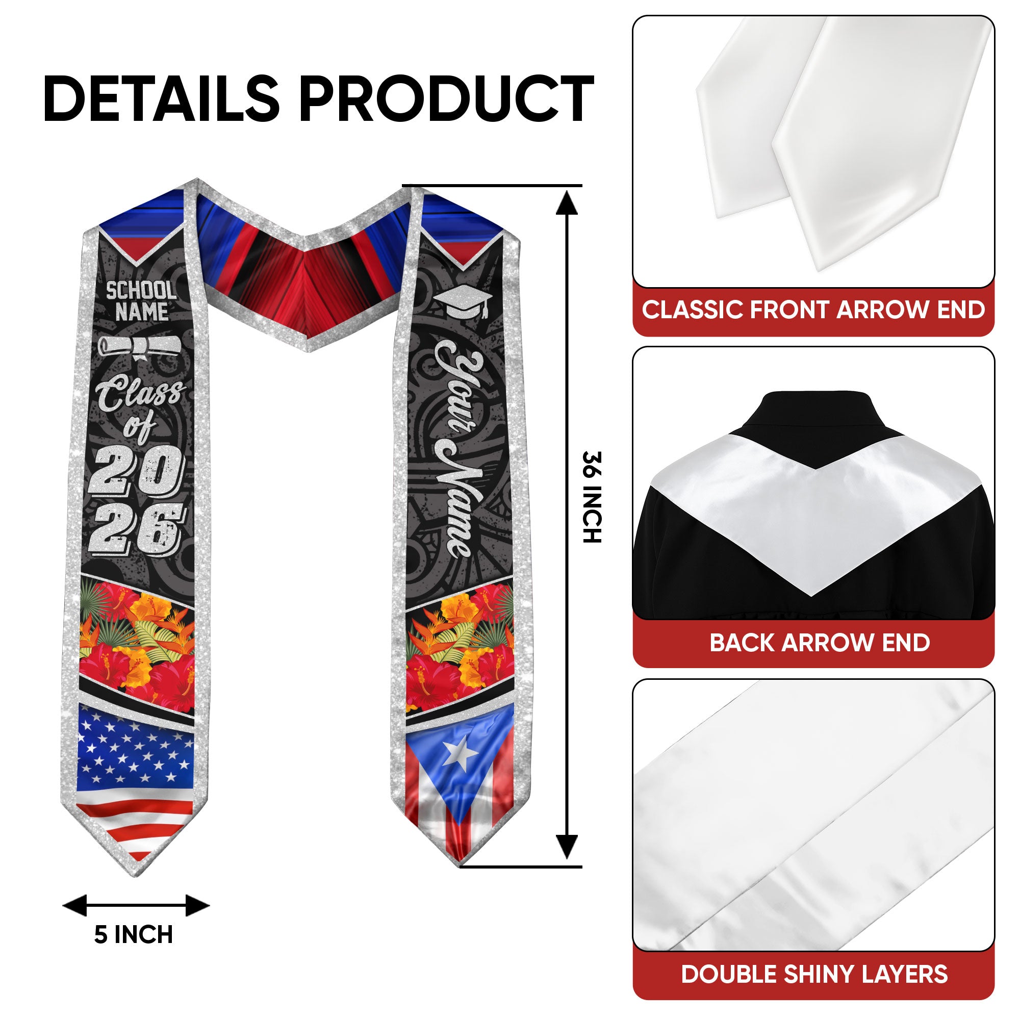 Custom Puerto Rico American Flag Graduation Sash 2026 Glitter Puerto Rican Stole Floral