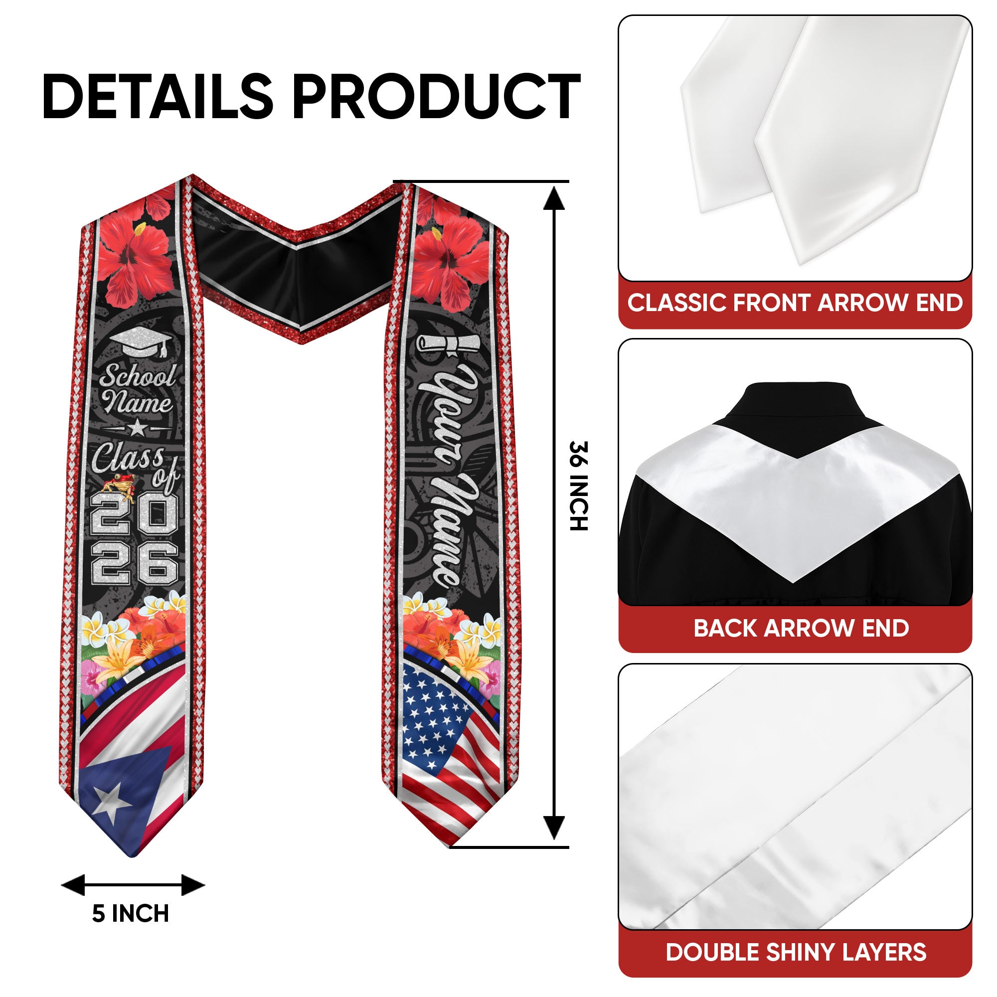 Custom Puerto Rico American Flag Graduation Sash 2026 Floral Glitter Tribal Puerto Rican Stole