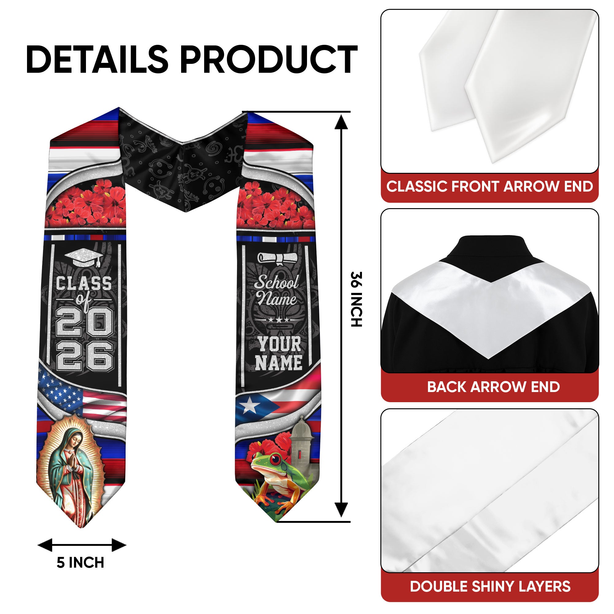 Custom Puerto Rico USA Flag 2026 Virgin Mary Coqui Puerto Rico Graduation Stole