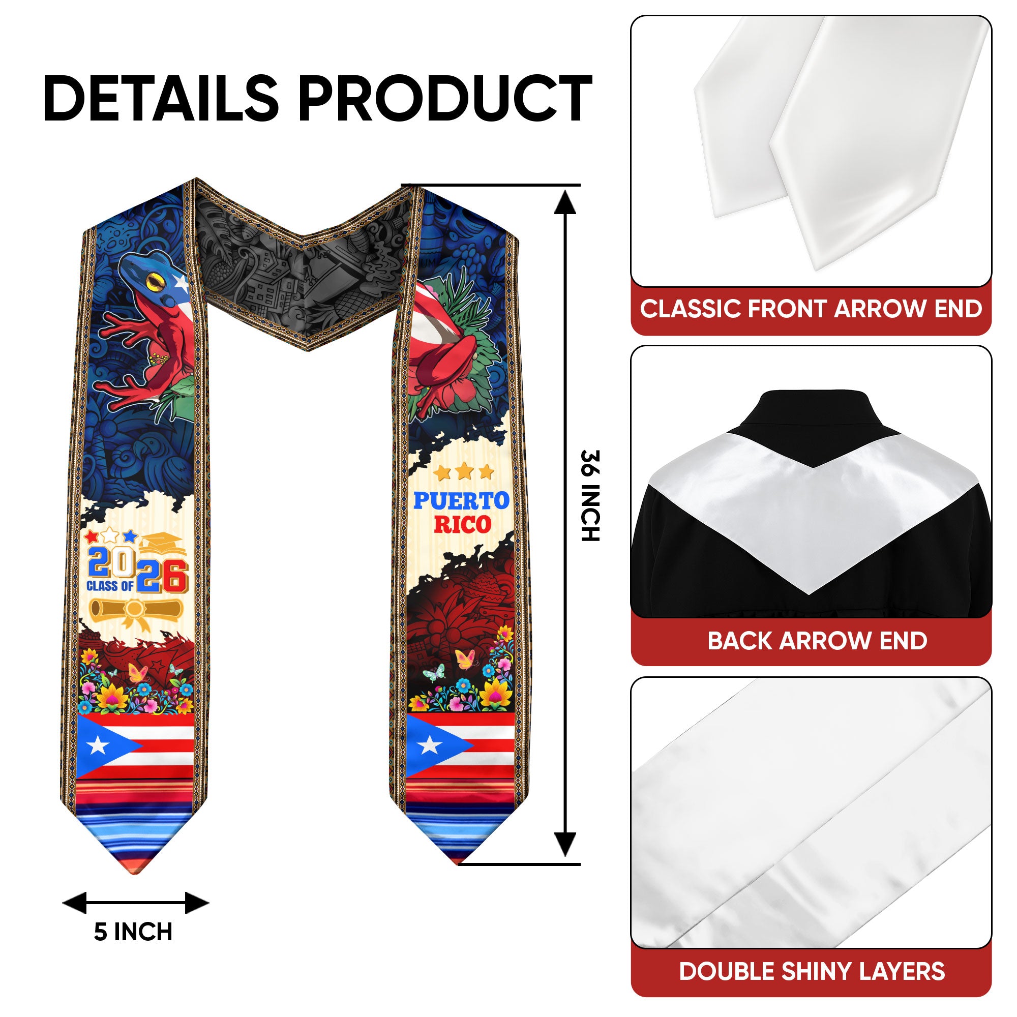 Puerto Rico Flag Coqui Frog Class of 2026 Heritage Culture Graduation Sash Graduation Stole