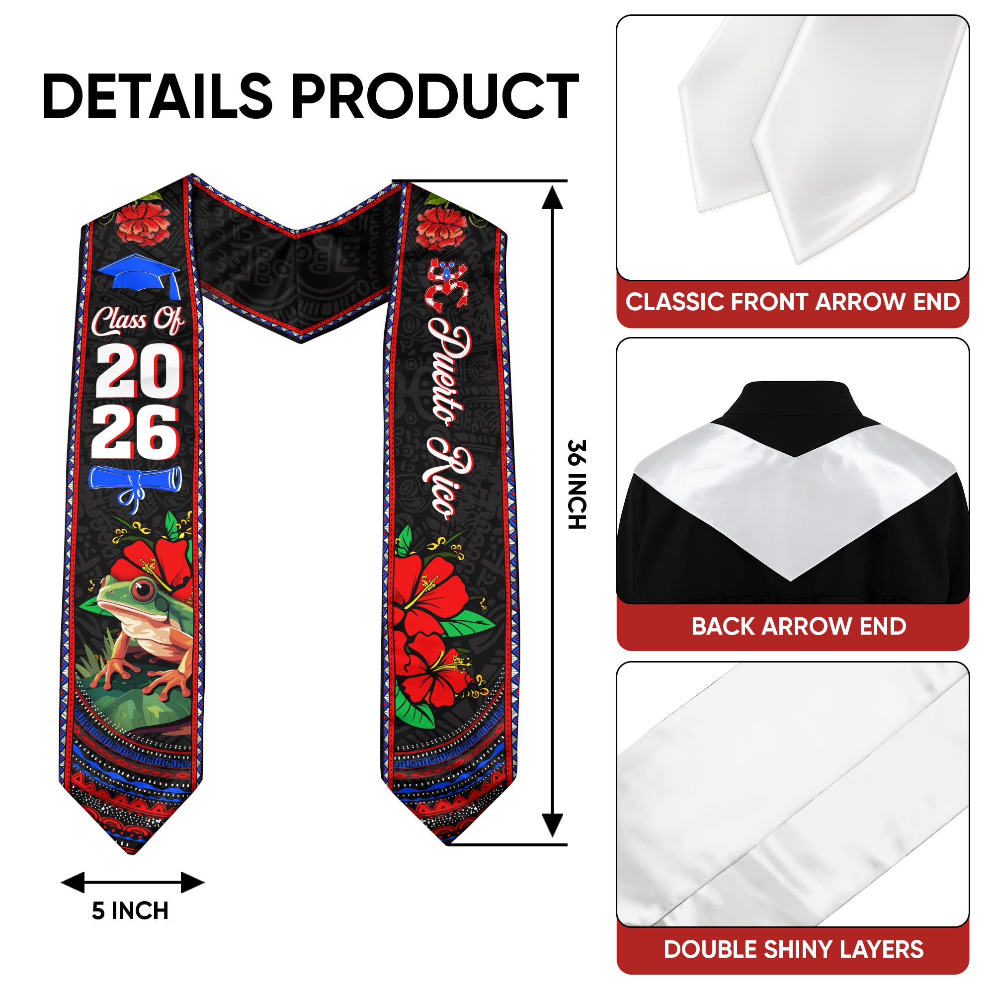 Puerto Rico Coqui Frog Hibiscus Flower Heritage Class of 2026 Graduation Sash Graduation Stole