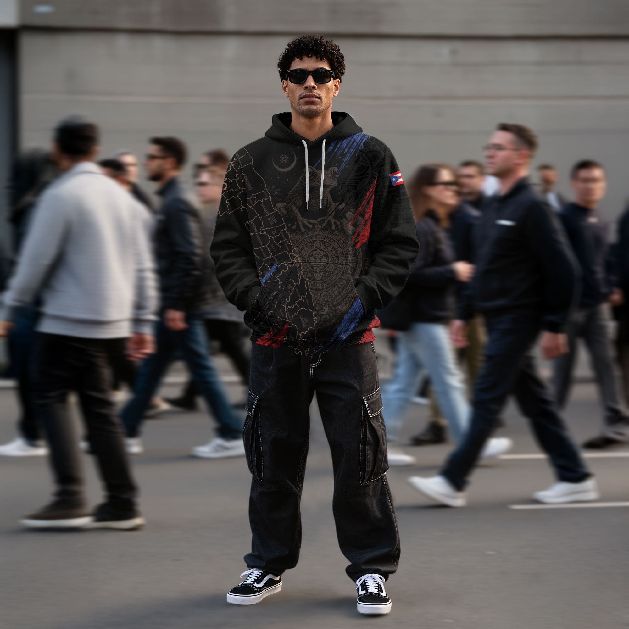 Puerto Rico Map Boricua Coqui Frog Taino Tribal Black Red Blue Heritage Hoodie