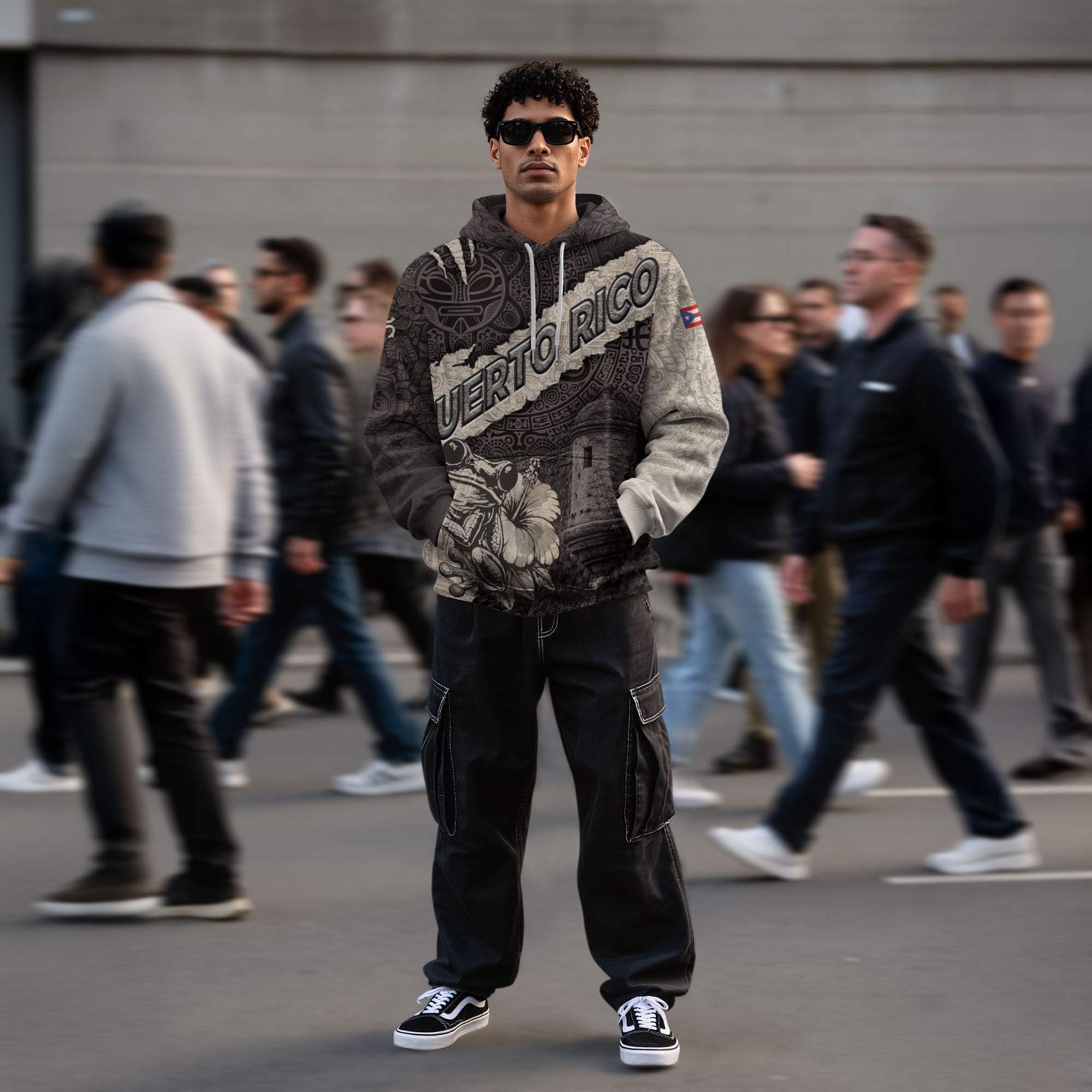 Puerto Rico Map Boricua Coqui Frog El Morro Taino Tribal Beige Gray Hoodie