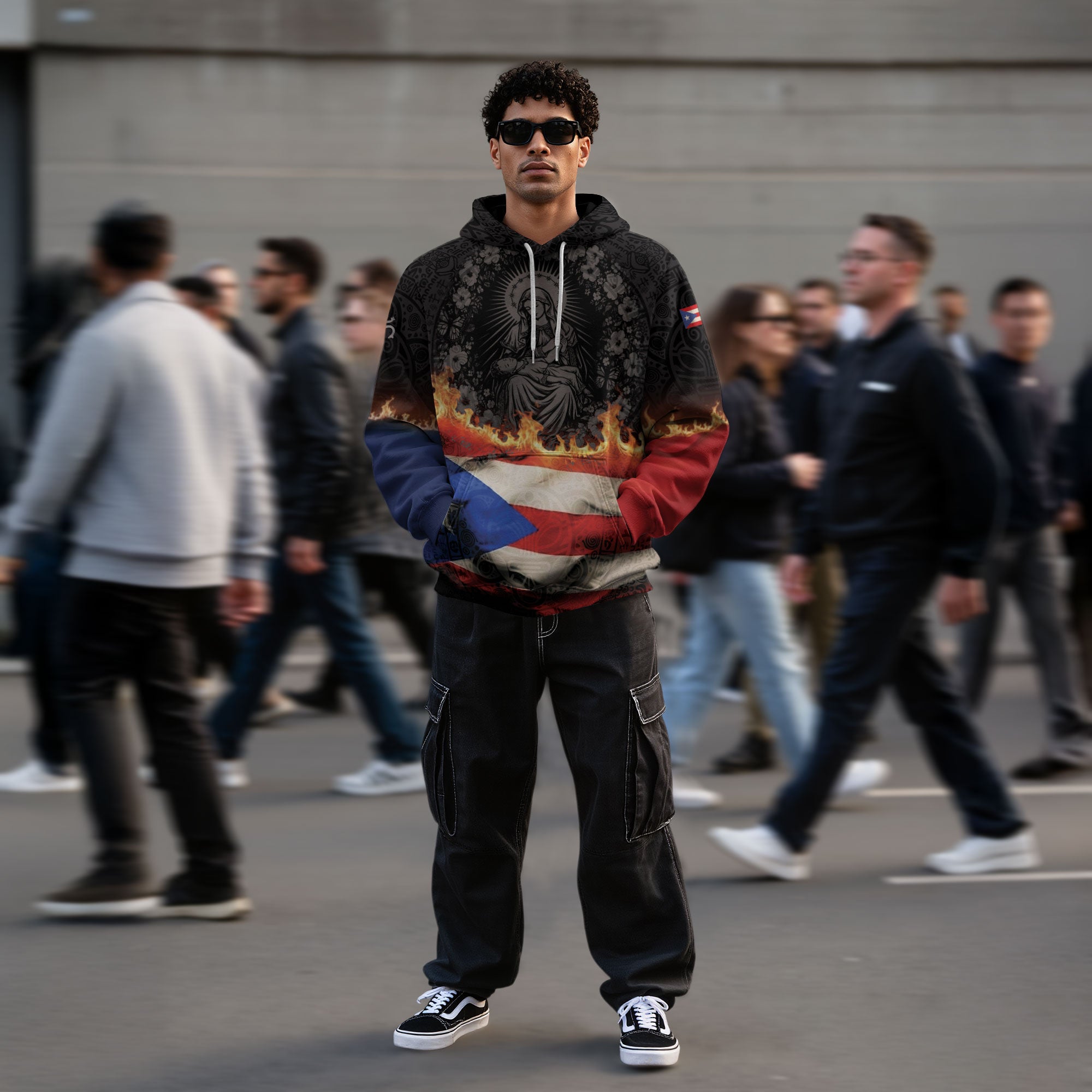 Puerto Rico Virgin Mary Catholic Flag Taino Tribal Boricua Black Red Blue Hoodie