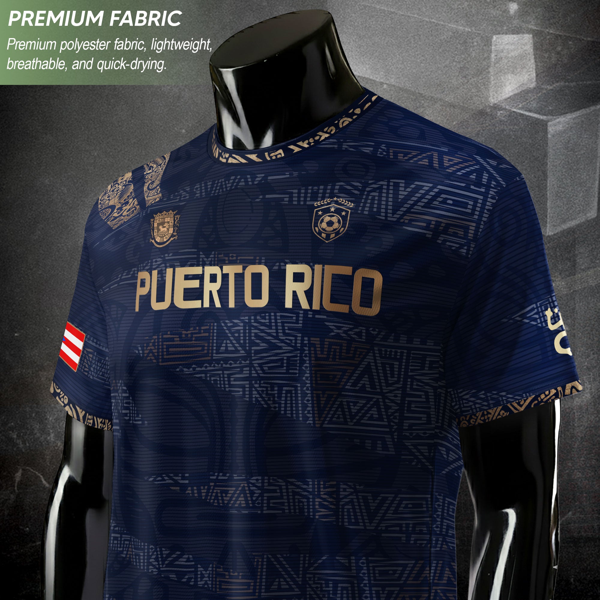 Puerto Rico Navy Gold Taino Tribal Pattern National Heritage Boricua Soccer Jersey