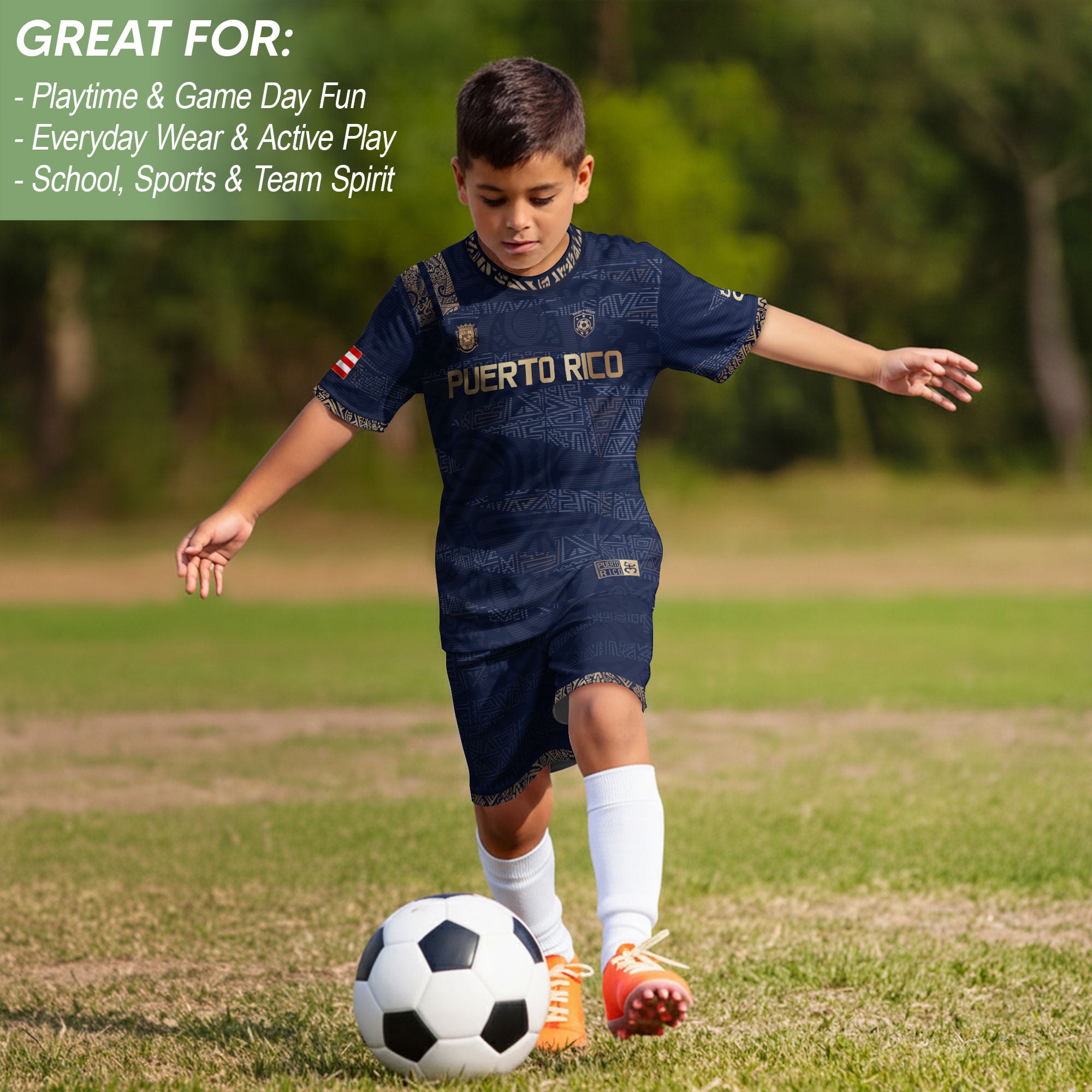 Camiseta de fútbol boricua de herencia nacional con diseño tribal taíno dorado azul marino para niños y jóvenes de Puerto Rico