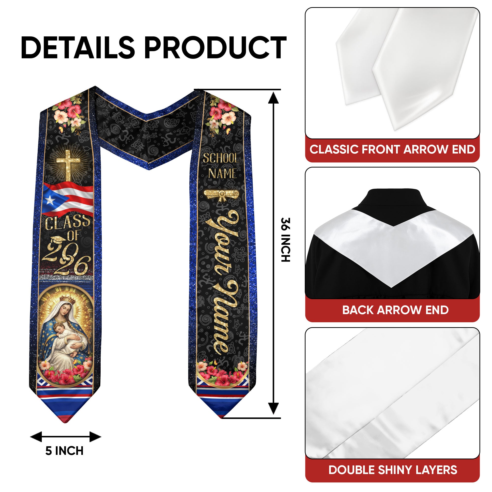 Custom Puerto Rico Graduation Stole Class of 2026 Virgin Mary Cross Catholic Sash Gift
