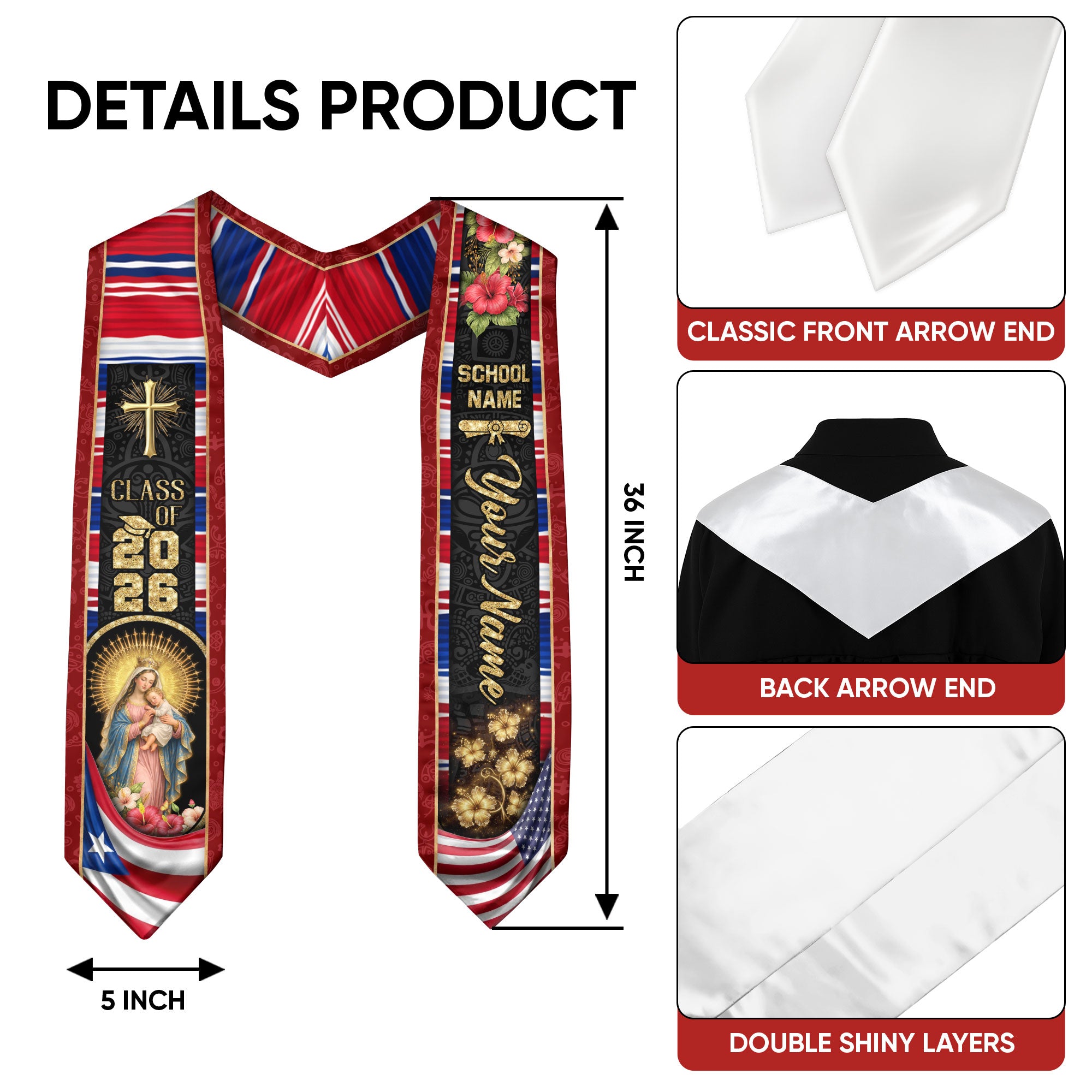 Custom Graduation Stole Class of 2026 Puerto Rico Virgin Mary Personalized Name Sash