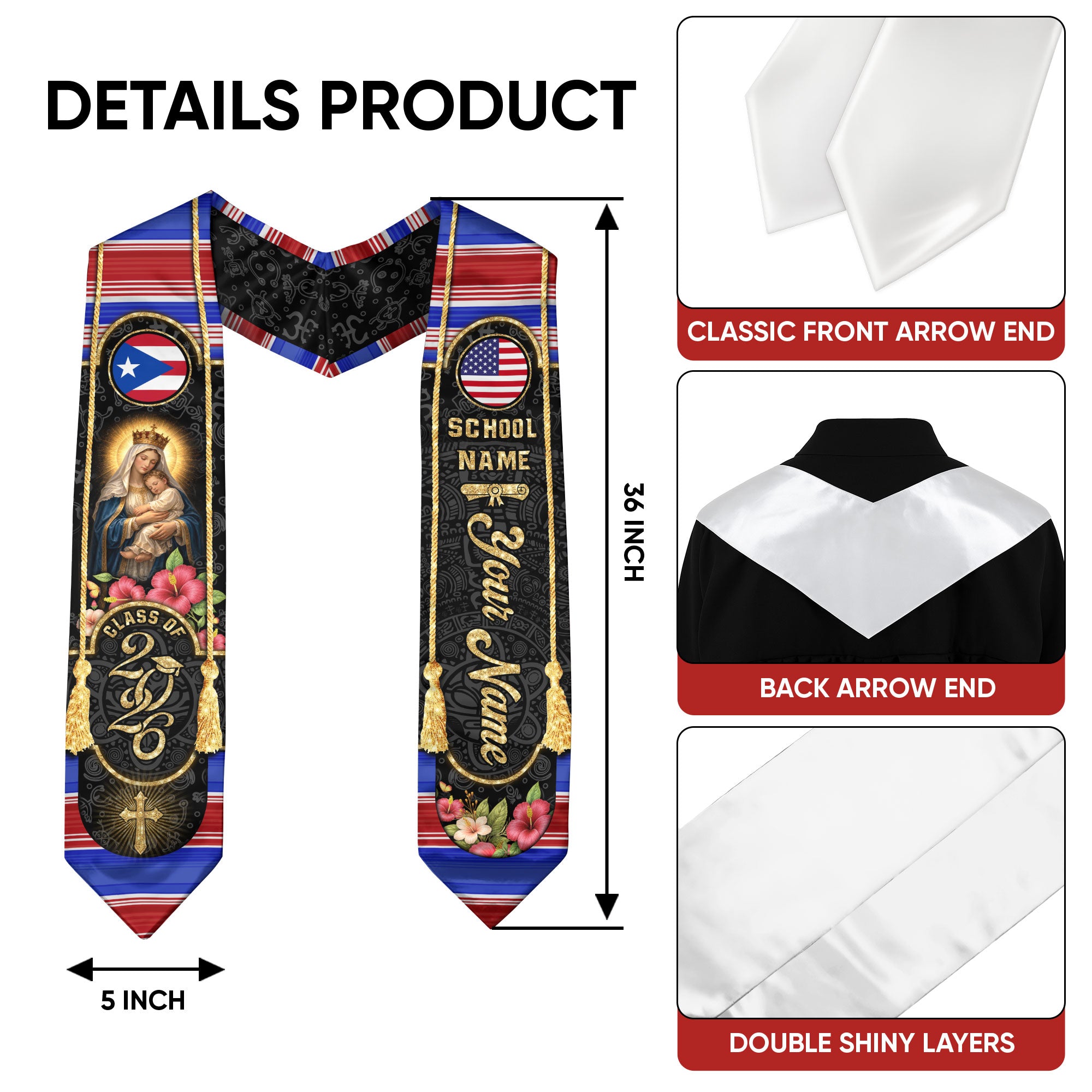 Custom Graduation Stole Class of 2026 Puerto Rico USA Virgin Mary Personalized Name Sash