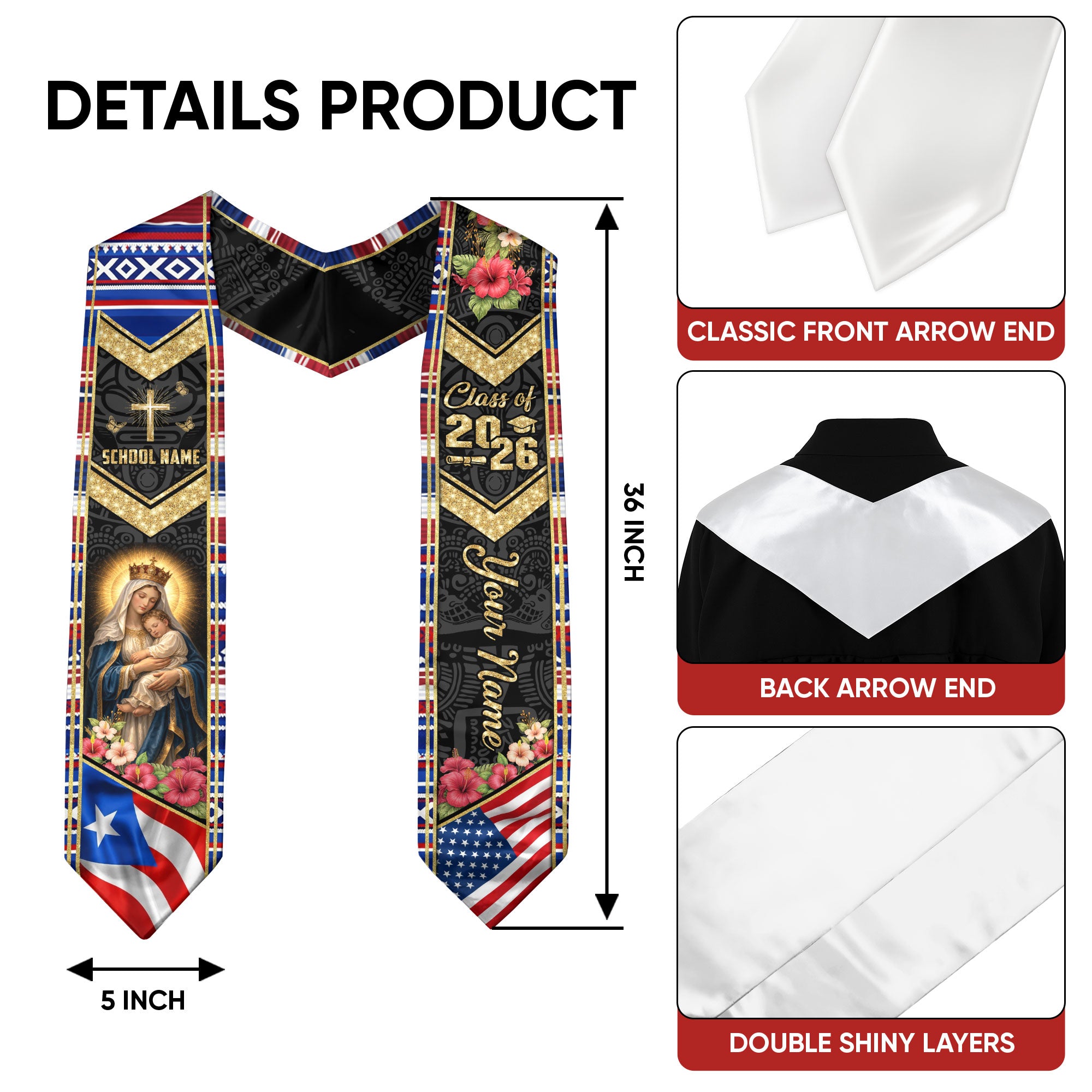 Custom Puerto Rico USA Graduation Stole 2026 Virgin Mary Cross Catholic Heritage Sash Gift