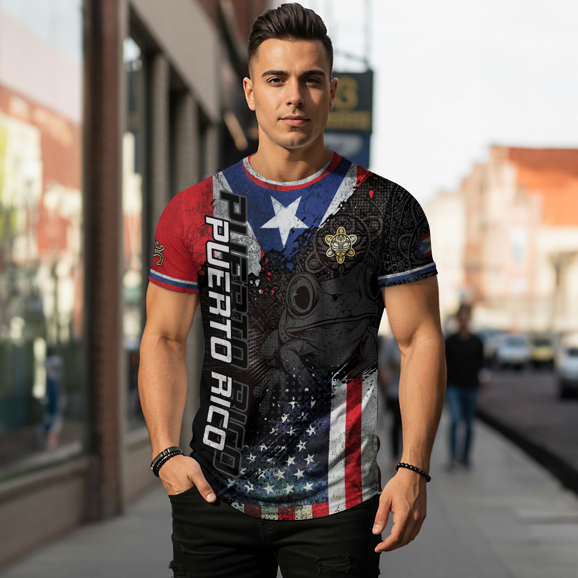 Puerto Rico USA Flag Coqui Frog Taino Heritage Pride American Roots Boricua Shirt