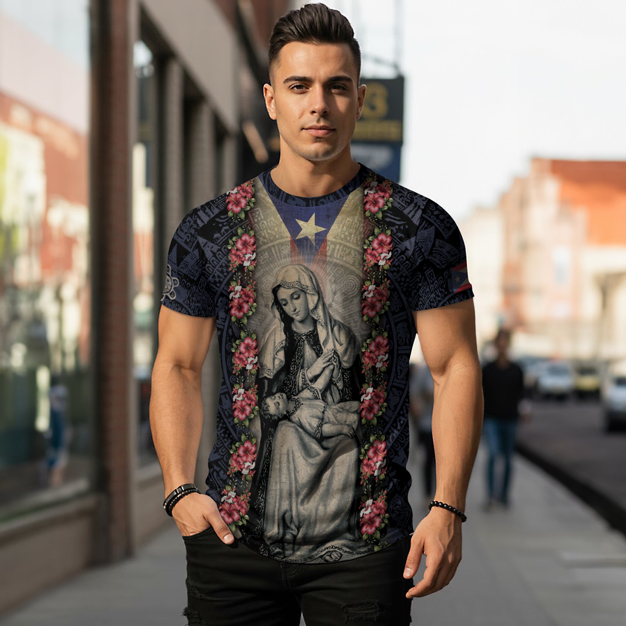 Puerto Rico Virgin Mary Hibiscus Taino Heritage Pride Religious Catholic Shirt