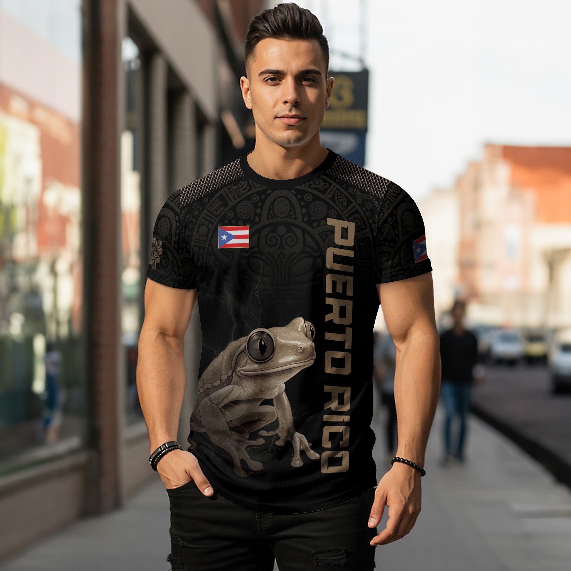 Puerto Rico Coqui Frog Taino Heritage Pride Boricua Tribal Camisa Dorada Negra
