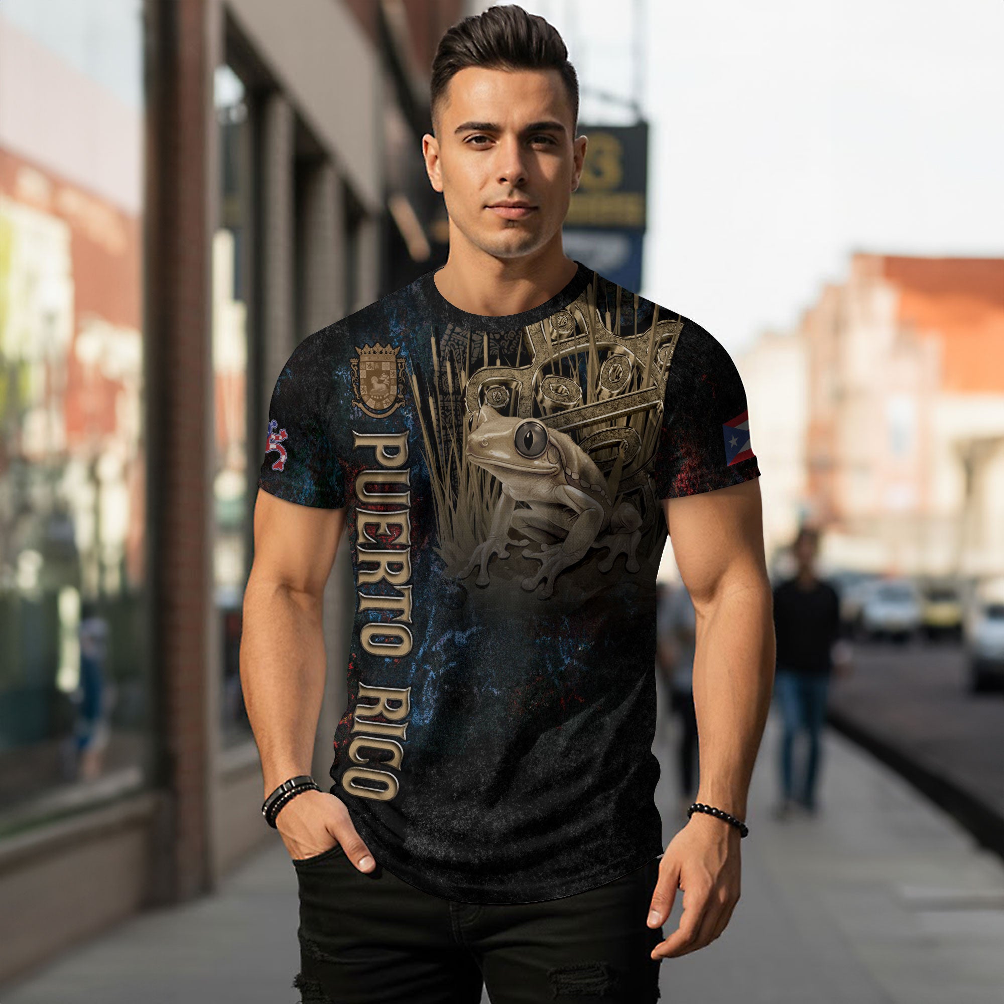 Puerto Rico Coqui Frog Taino Heritage Boricua Pride Gold Emblem Black Shirt
