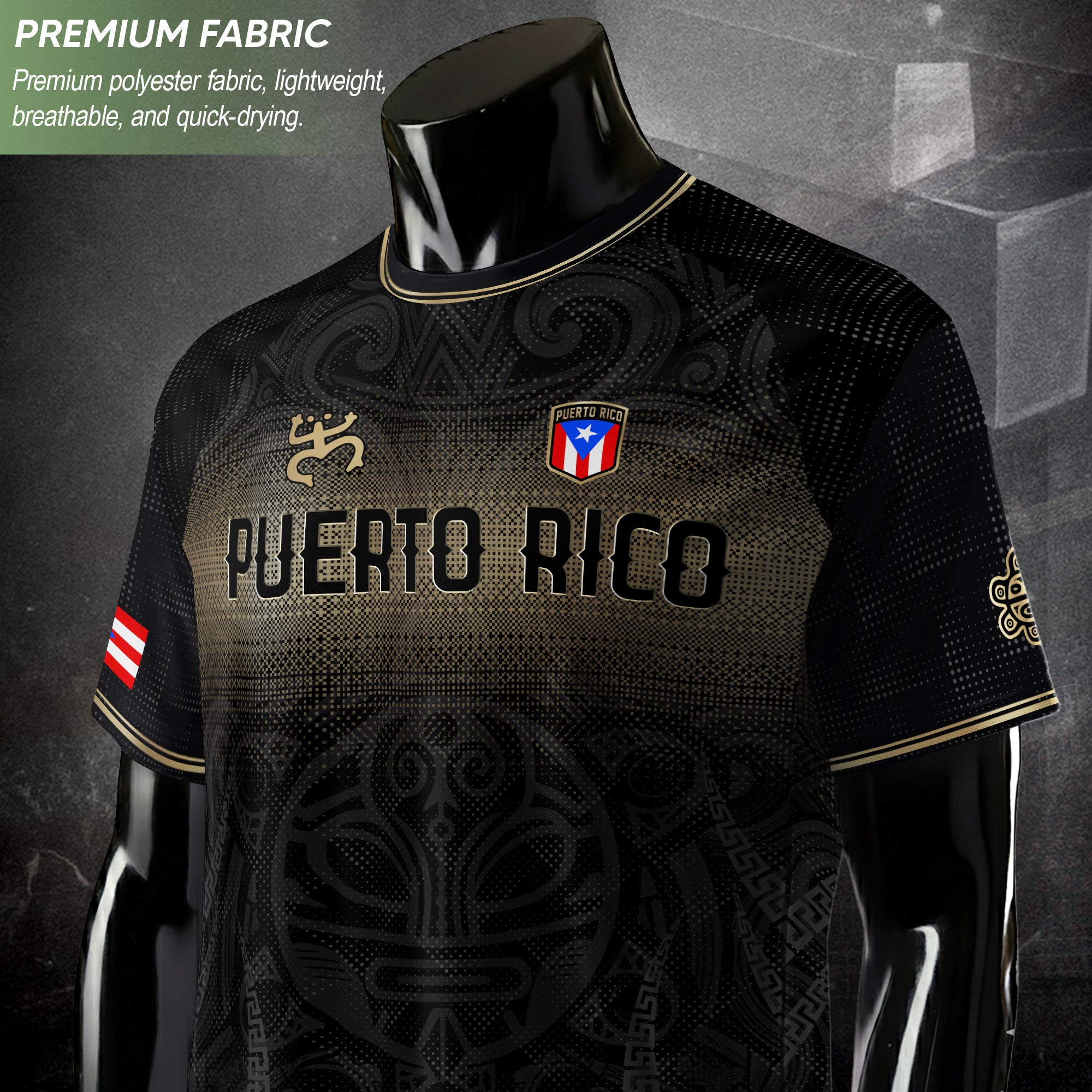 Puerto Rico Boricua Coqui Frog Taino Tribal National Soccer Jersey Black Gold