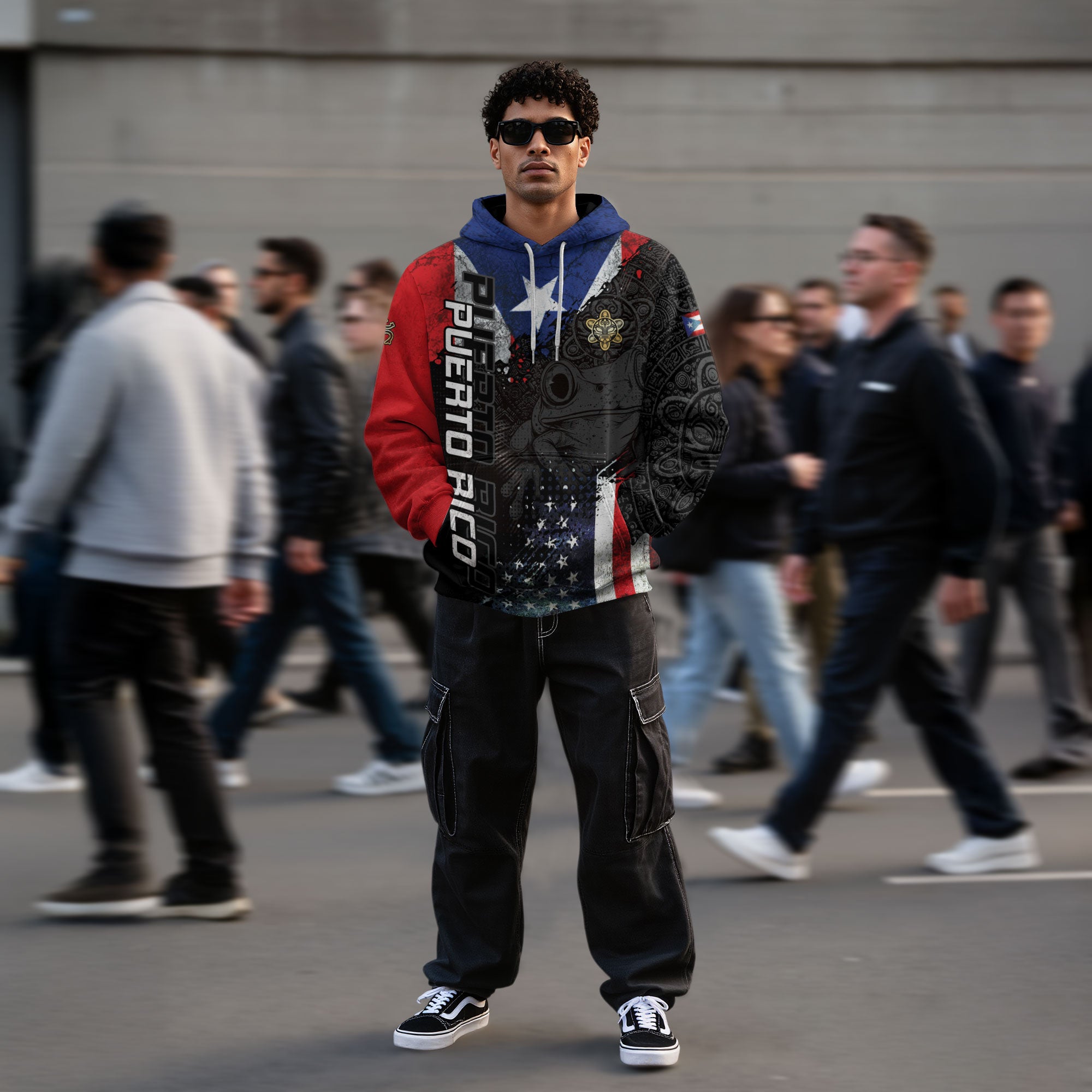 Puerto Rico Flag Coqui Frog El Morro Boricua Tribal Black Red Blue Heritage Hoodie