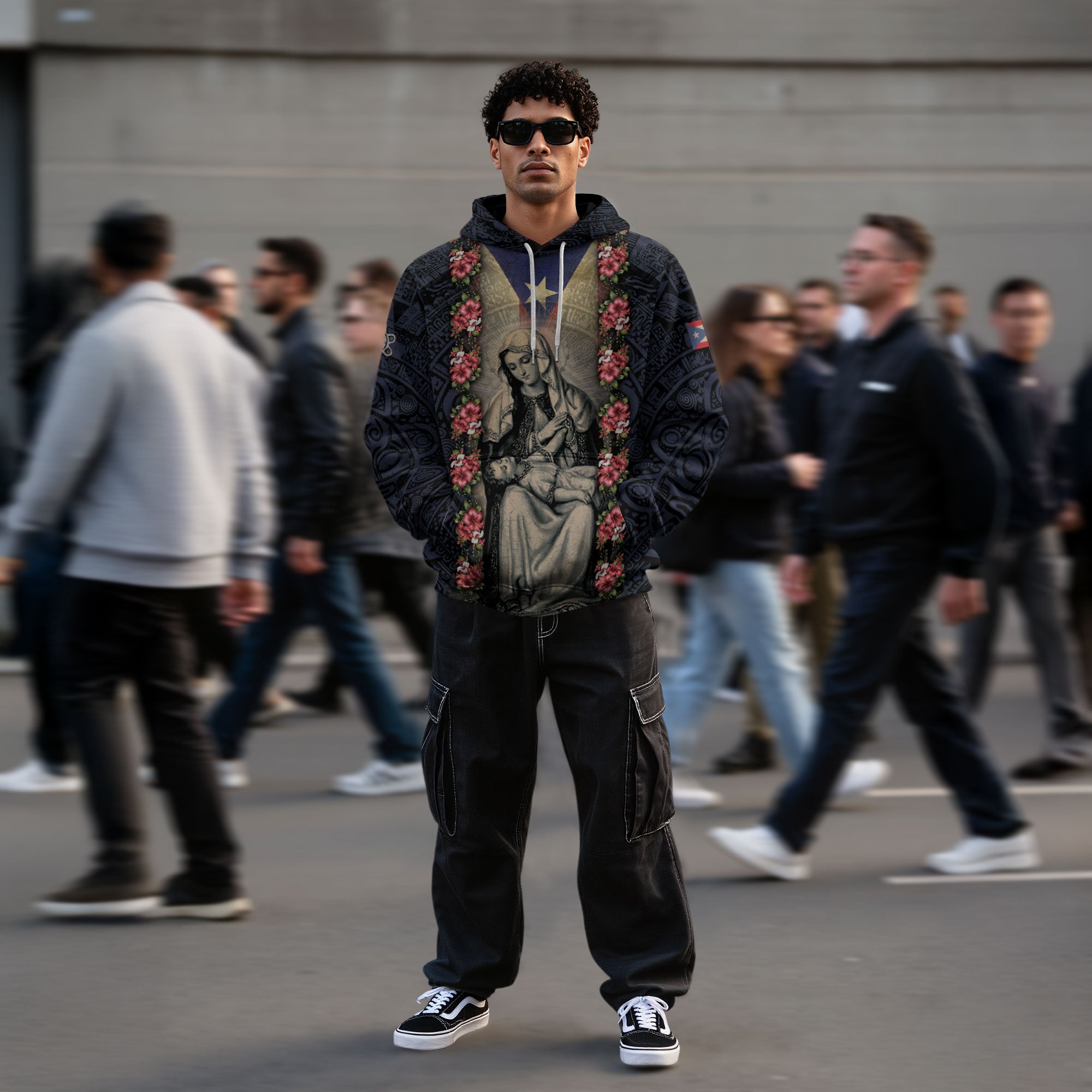 Puerto Rico Flag Boricua Virgin Mary Hibiscus Black Navy Tribal Heritage Hoodie