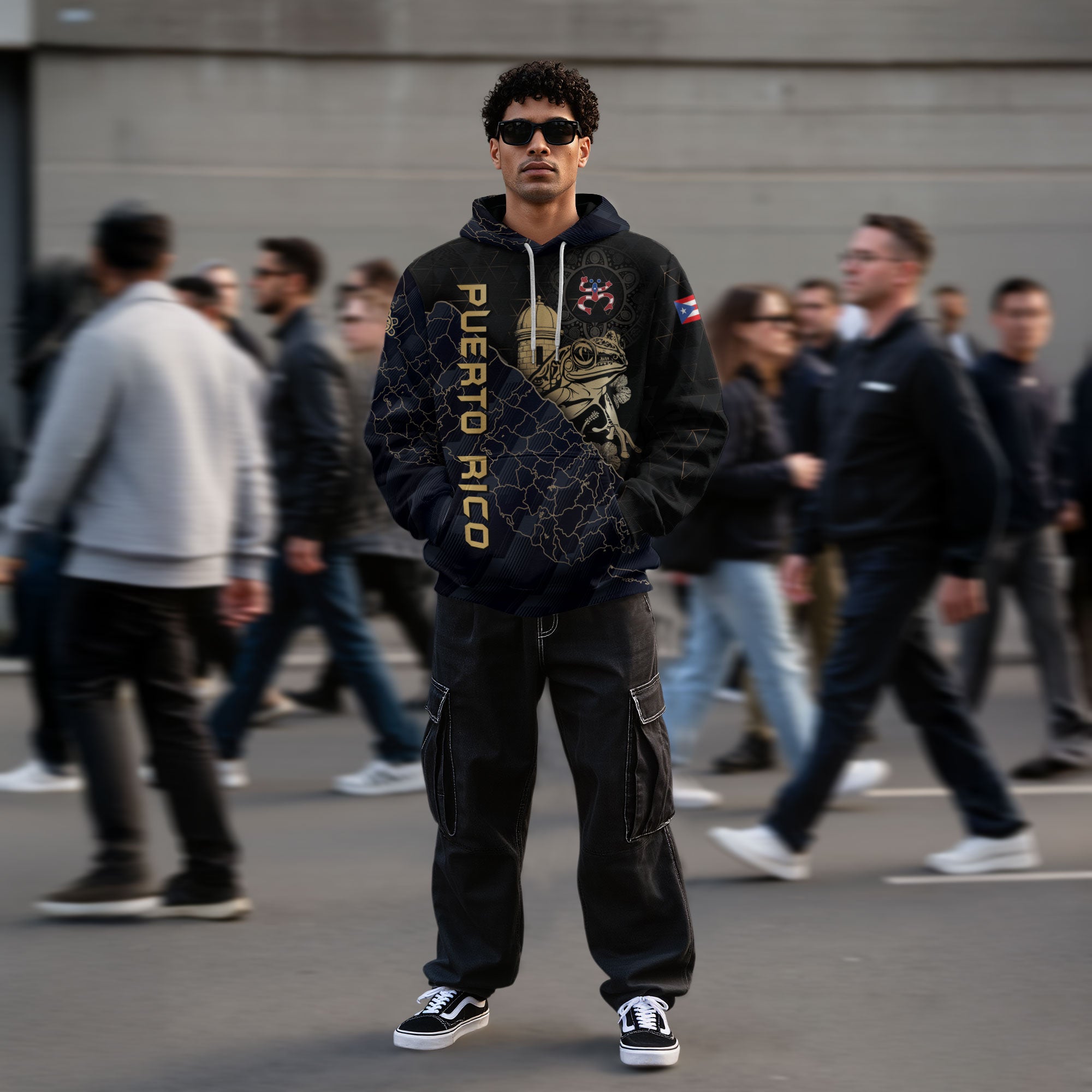 Puerto Rico Map Boricua Coqui Frog El Morro Taino Tribal Black Navy Gold Hoodie