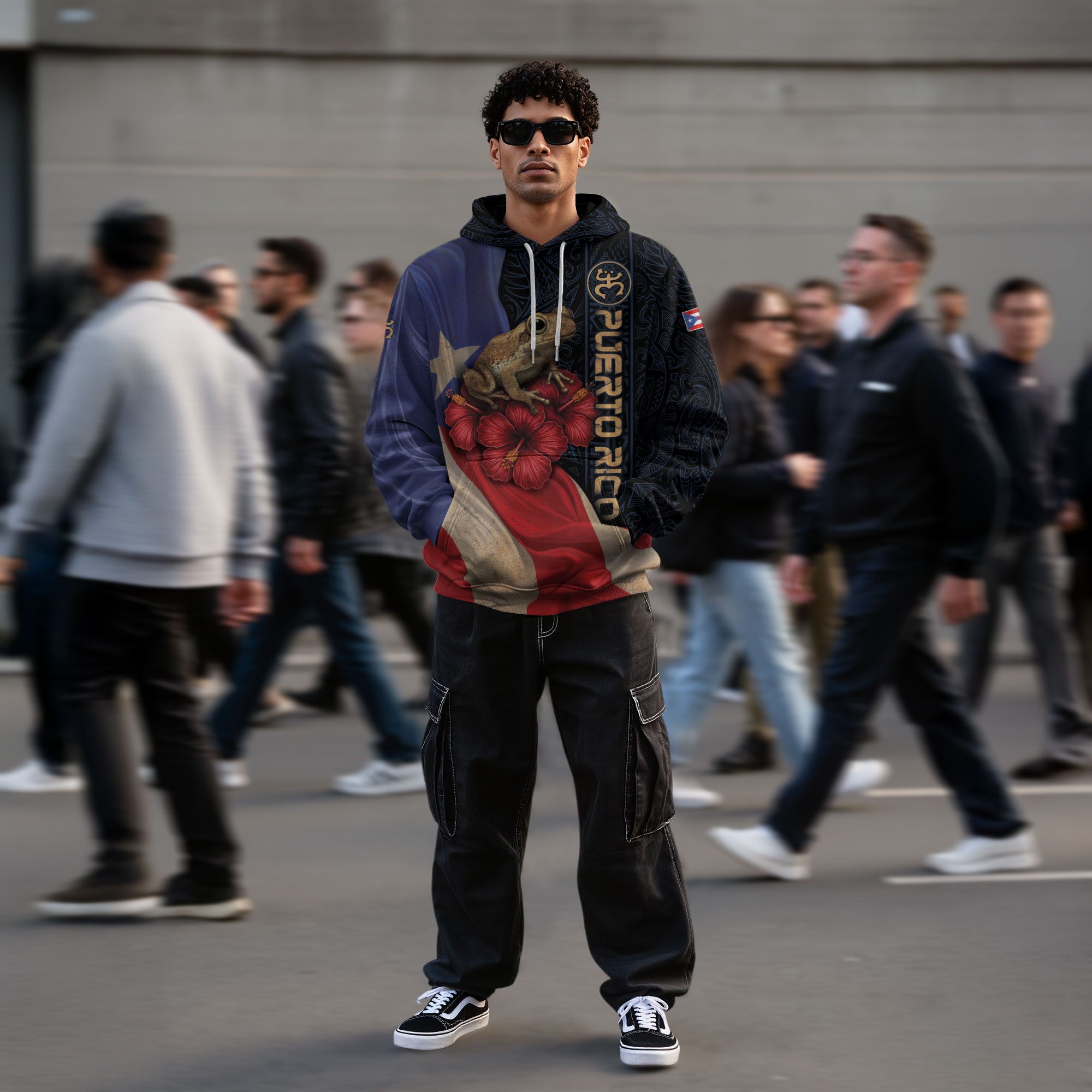 Puerto Rico Flag Boricua Coqui Frog Hibiscus Flower Taino Tribal Black Gold Hoodie