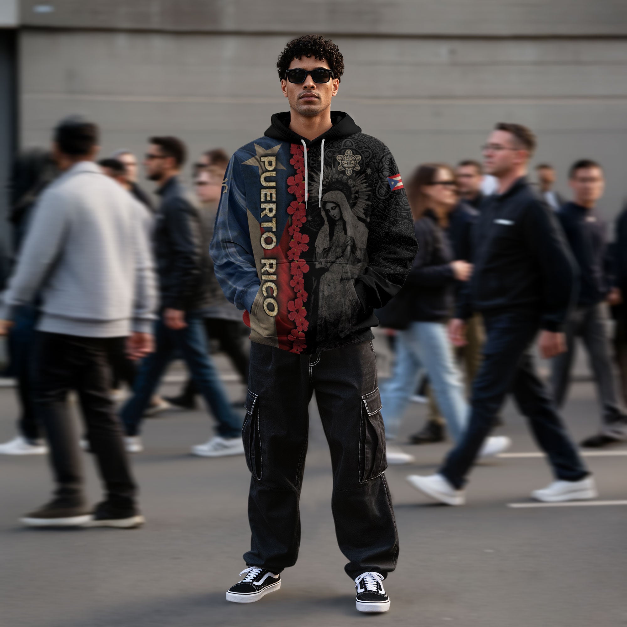 Puerto Rico Flag Boricua Virgin Mary Blessed Mother Taino Black Gold Hoodie