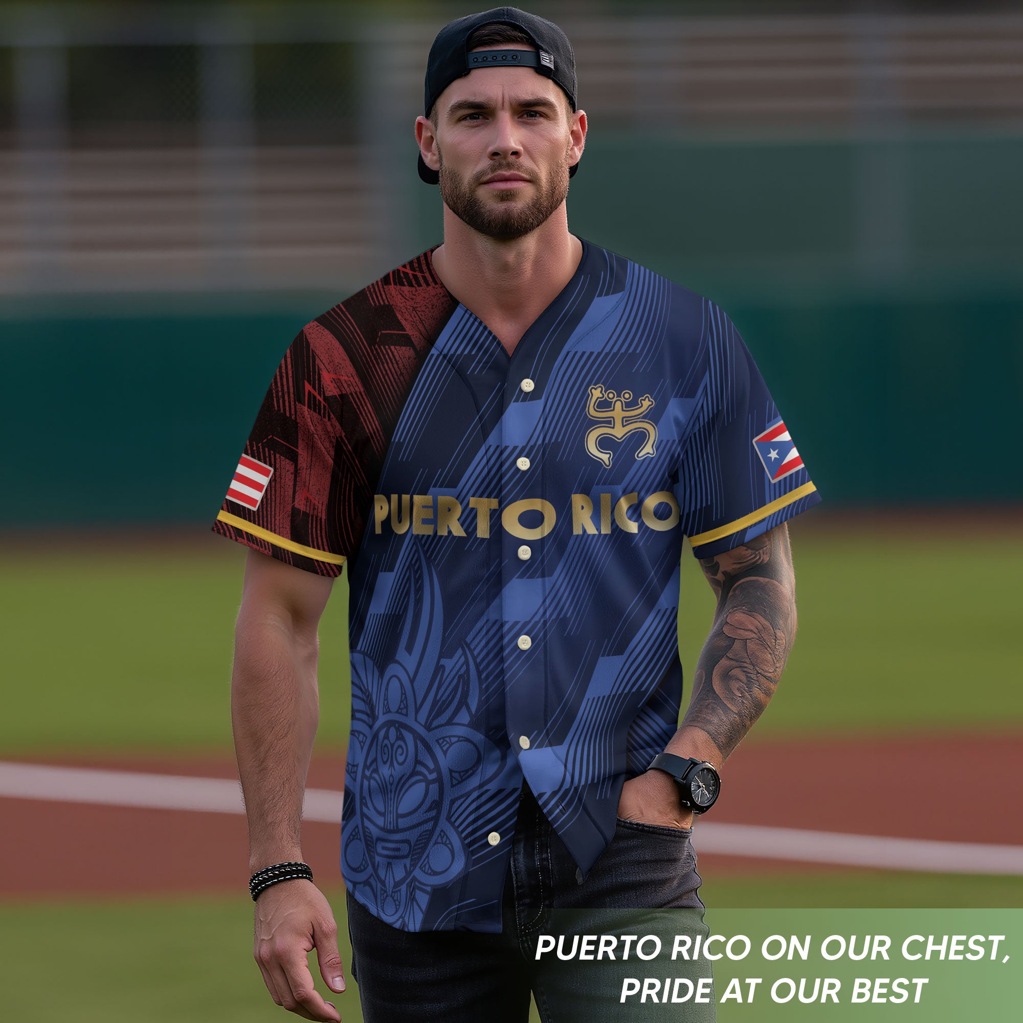 Puerto Rico Boricua Navy Blue Gold Tribal Sun National Heritage Baseball Jersey
