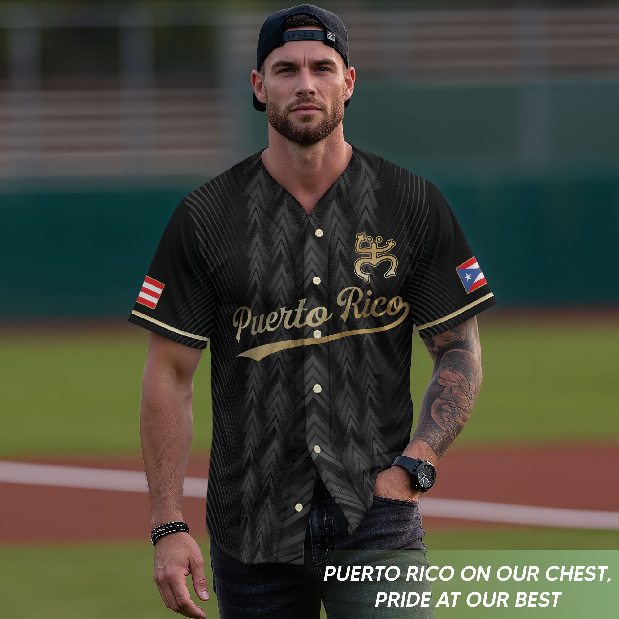 Puerto Rico Boricua Black Gold Taino Tribal National Heritage Baseball Jersey
