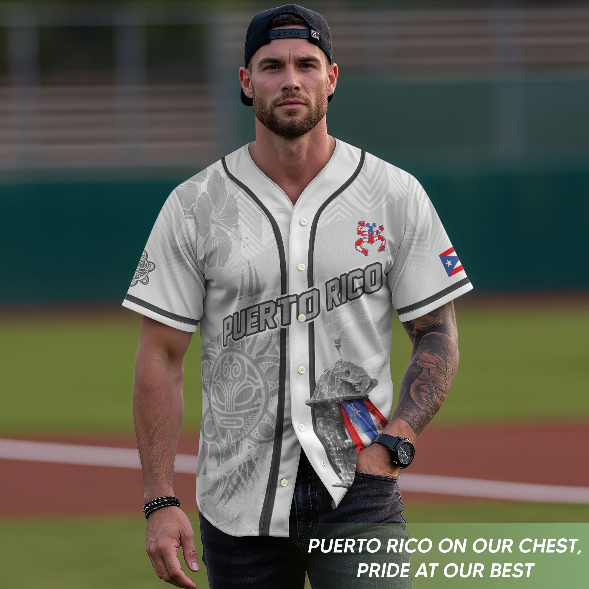 Puerto Rico Boricua White Gray Fortress Hibiscus Tribal Graphic Baseball Jersey