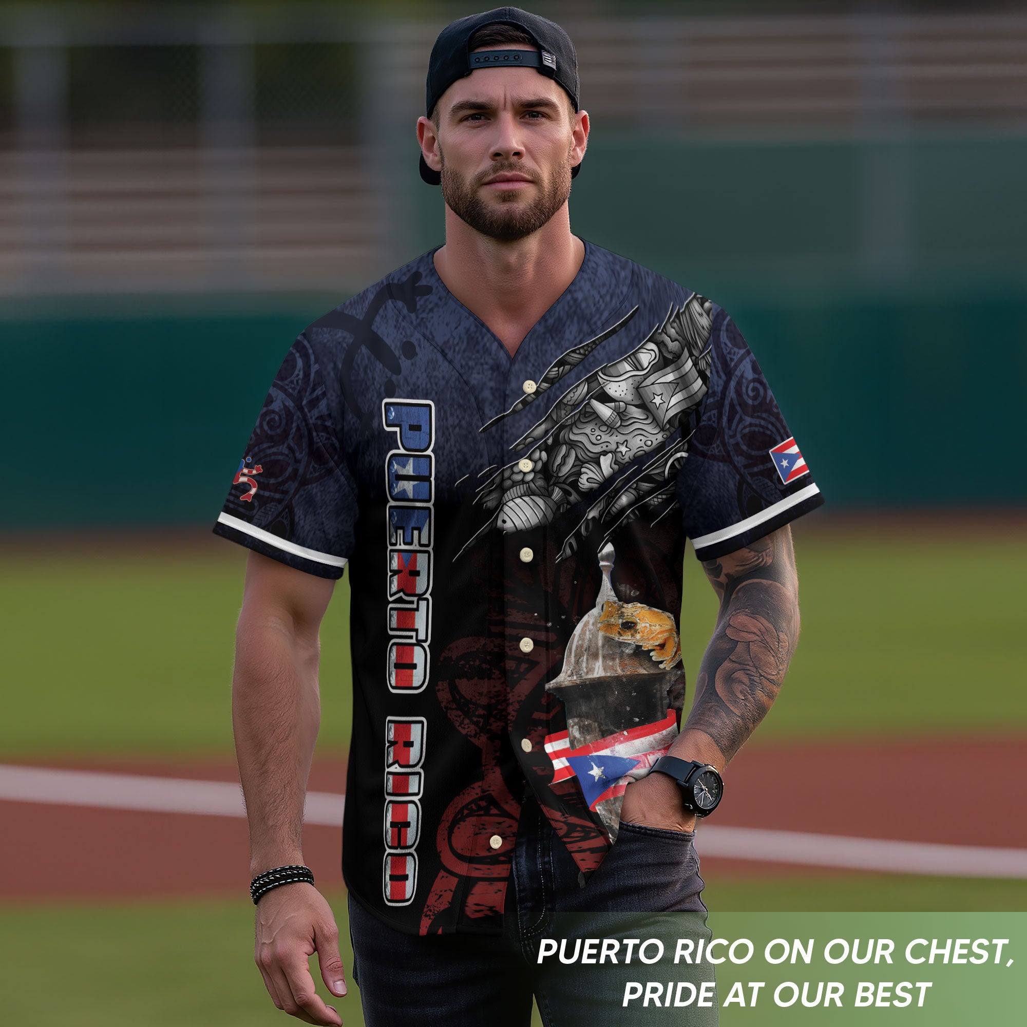 Puerto Rico Boricua Fortress Coqui Frog Hibiscus Floral Graphic Baseball Jersey
