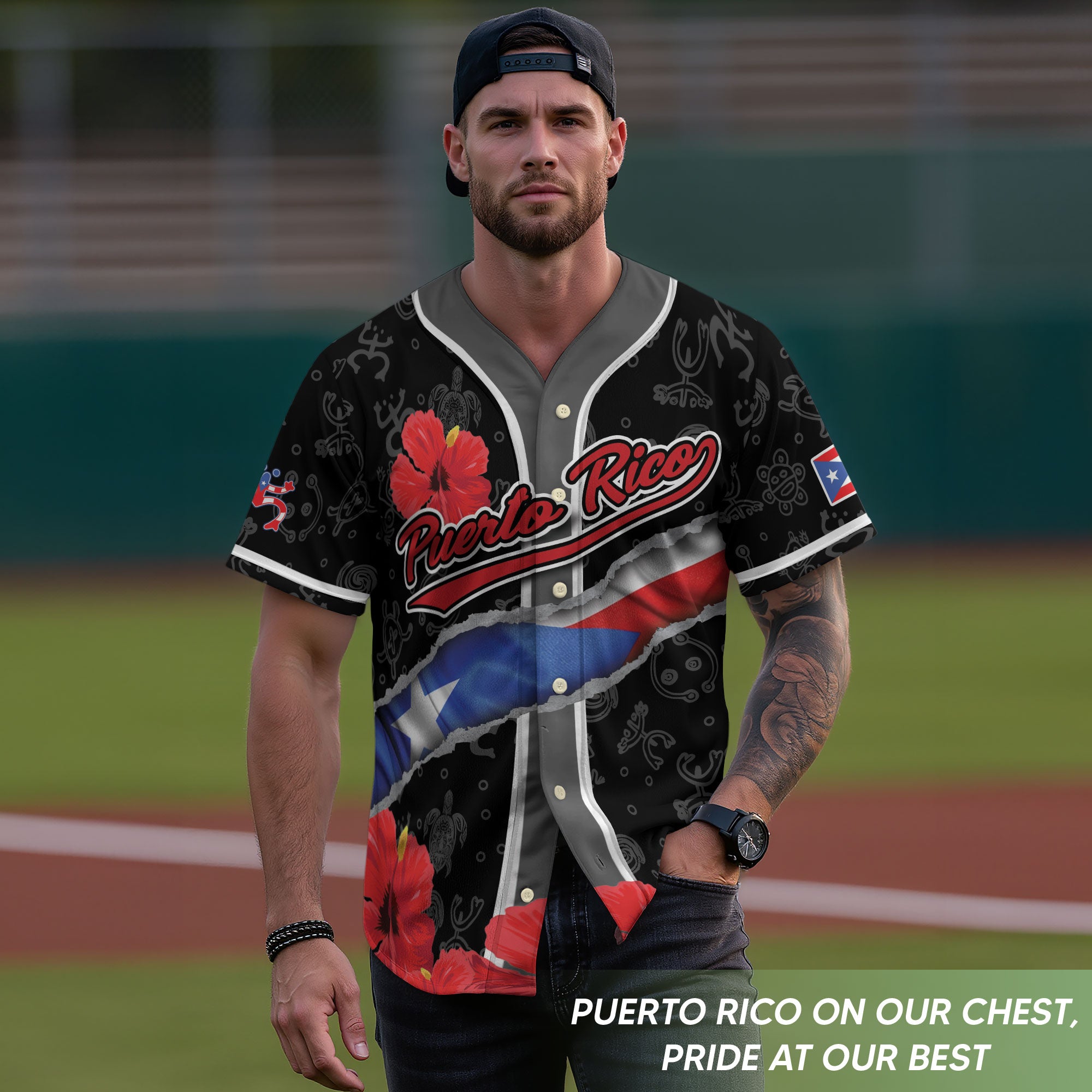 Puerto Rico Boricua Red Hibiscus Floral Flag Taino Heritage Baseball Jersey