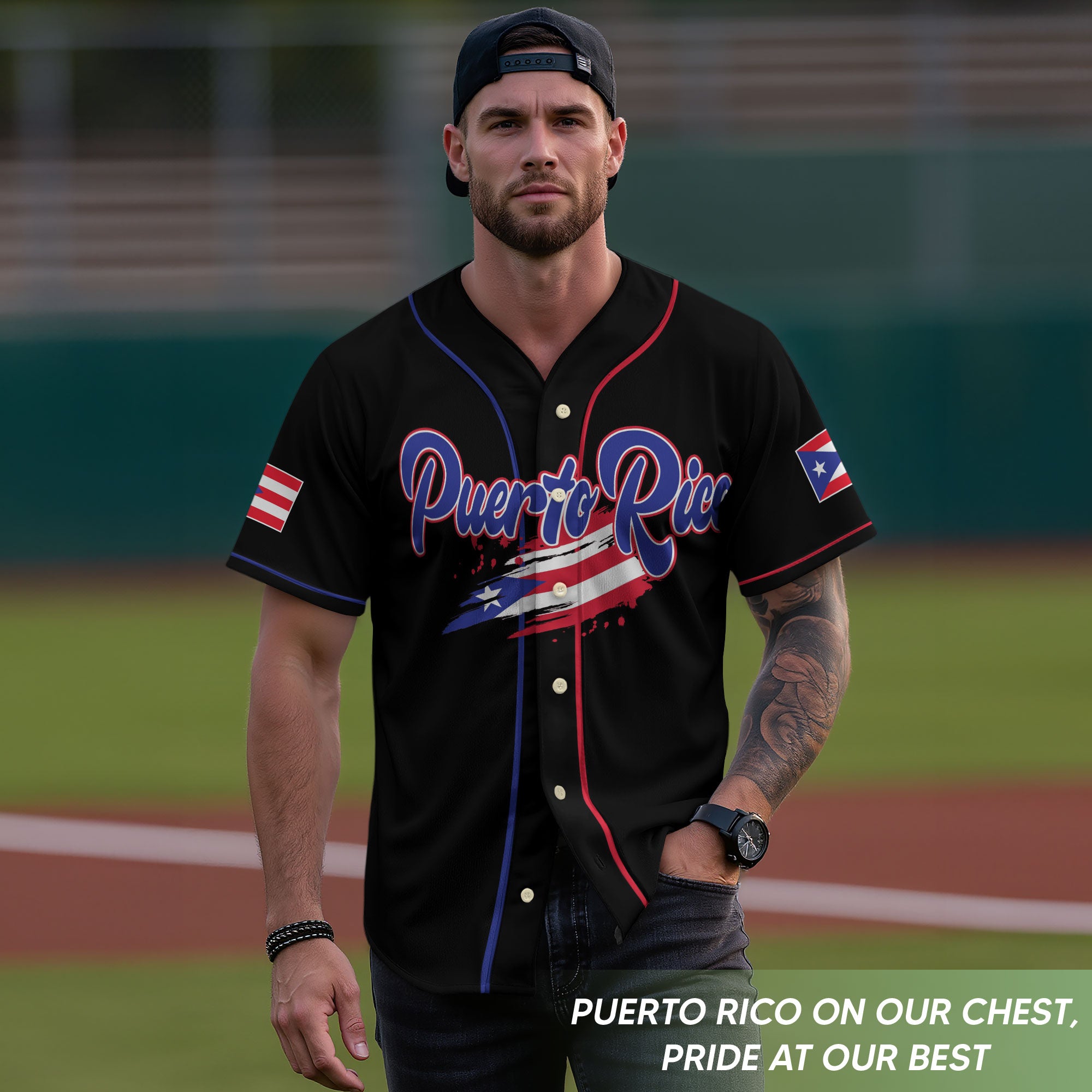 Puerto Rico Boricua Black Blue Red Splatter Coqui Frog Heritage Baseball Jersey