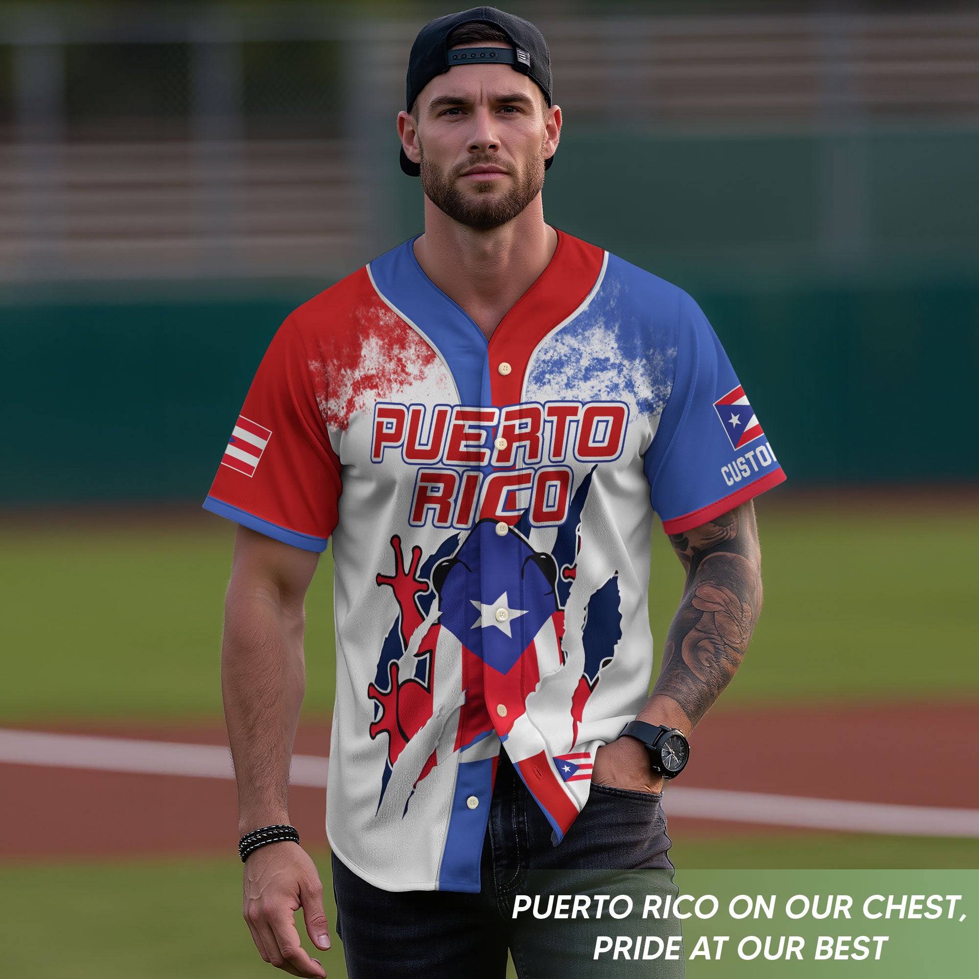 Puerto Rico Boricua Flag White Red Blue Paint Splatter Graphic Baseball Jersey