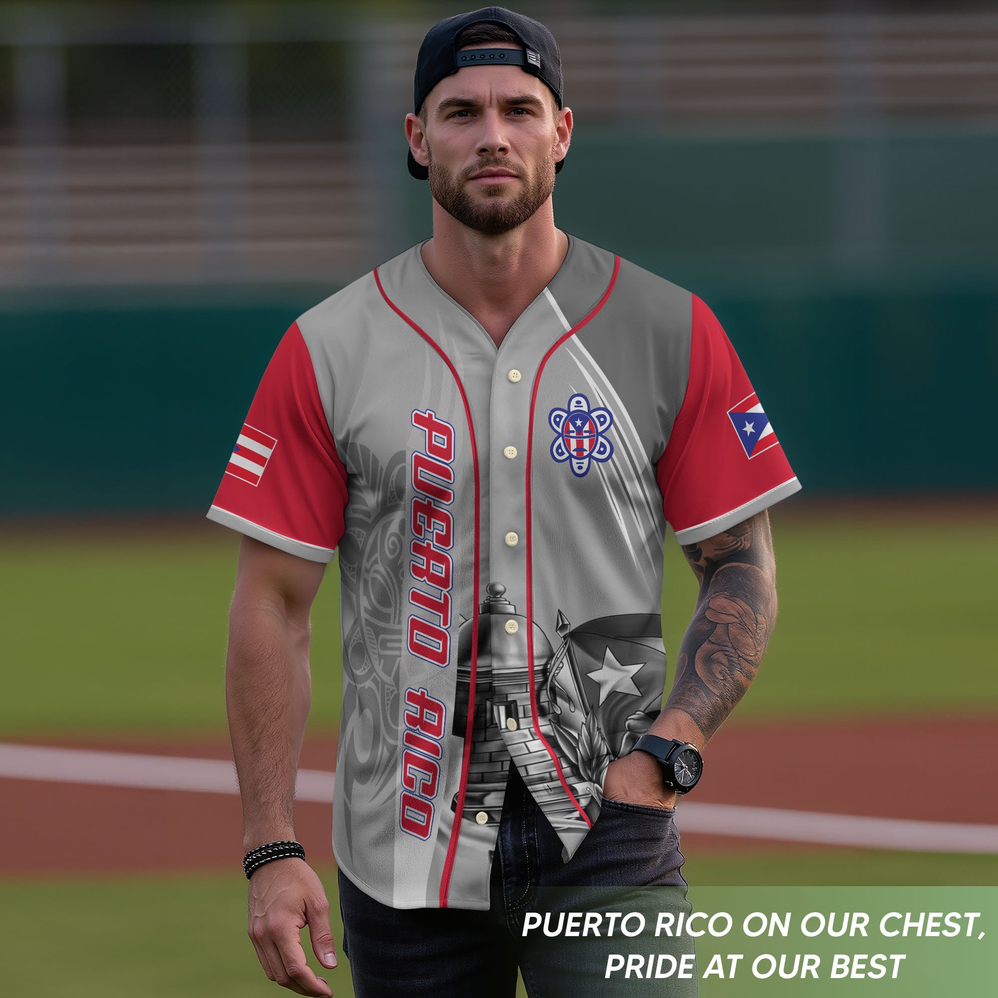 Puerto Rico Boricua Gray Red Fortress Coqui Frog Taino Heritage Baseball Jersey