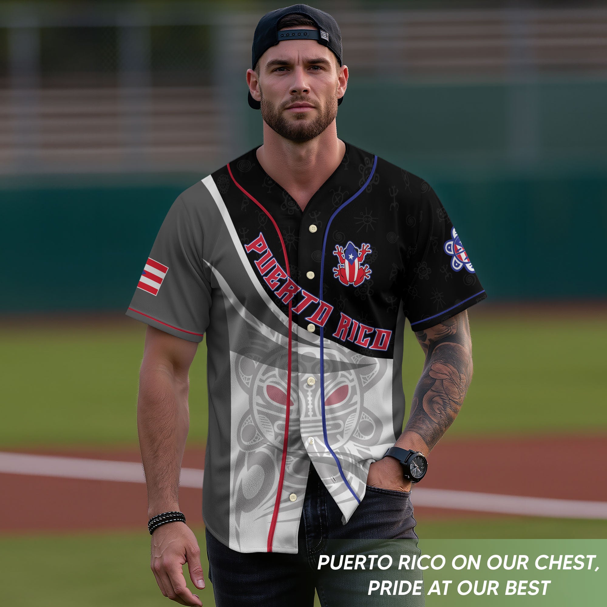 Puerto Rico Boricua Gray Red Fortress Coqui Frog Heritage Graphic Baseball Jersey