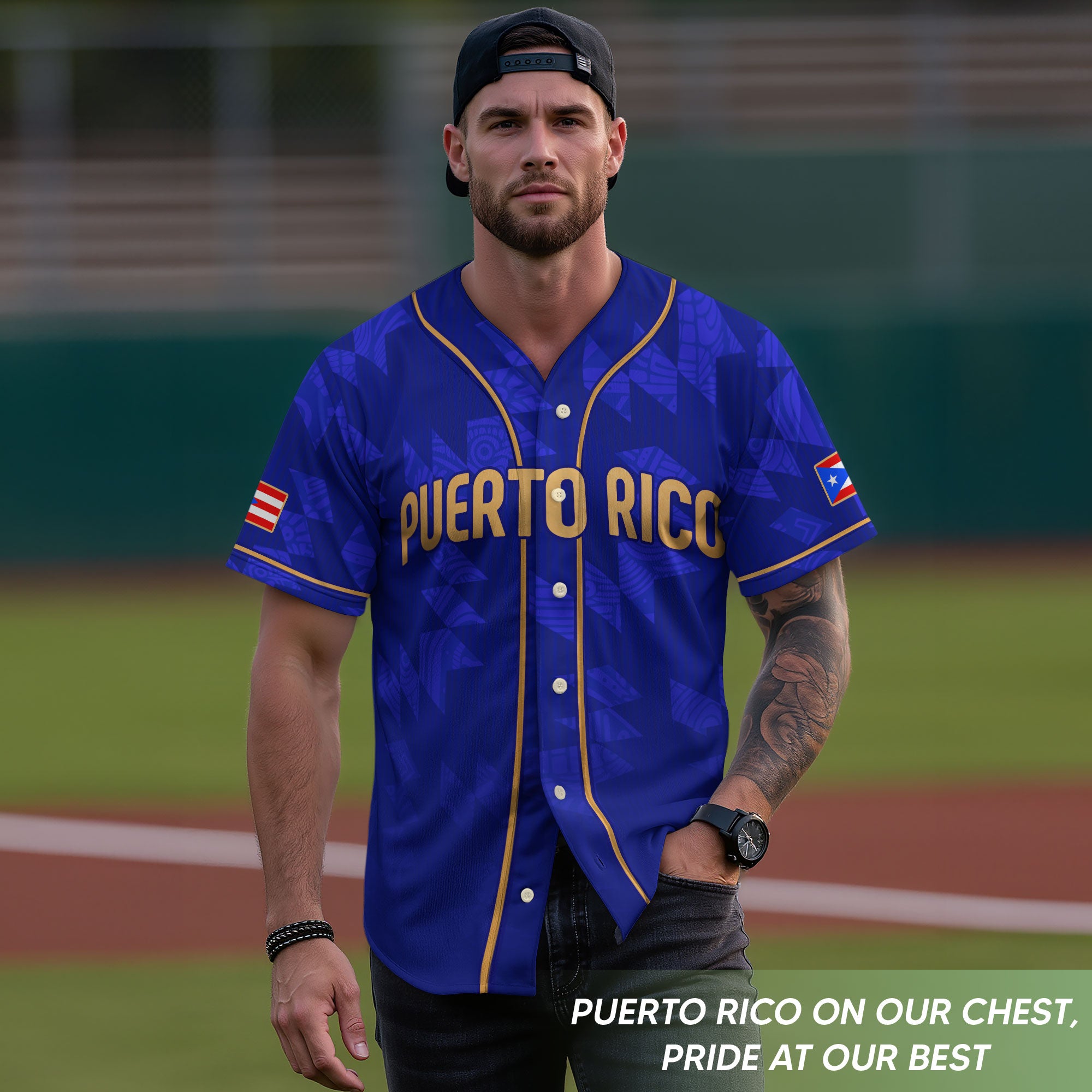 Puerto Rico Boricua Navy Blue Gold Tribal Sun Heritage Graphic Baseball Jersey