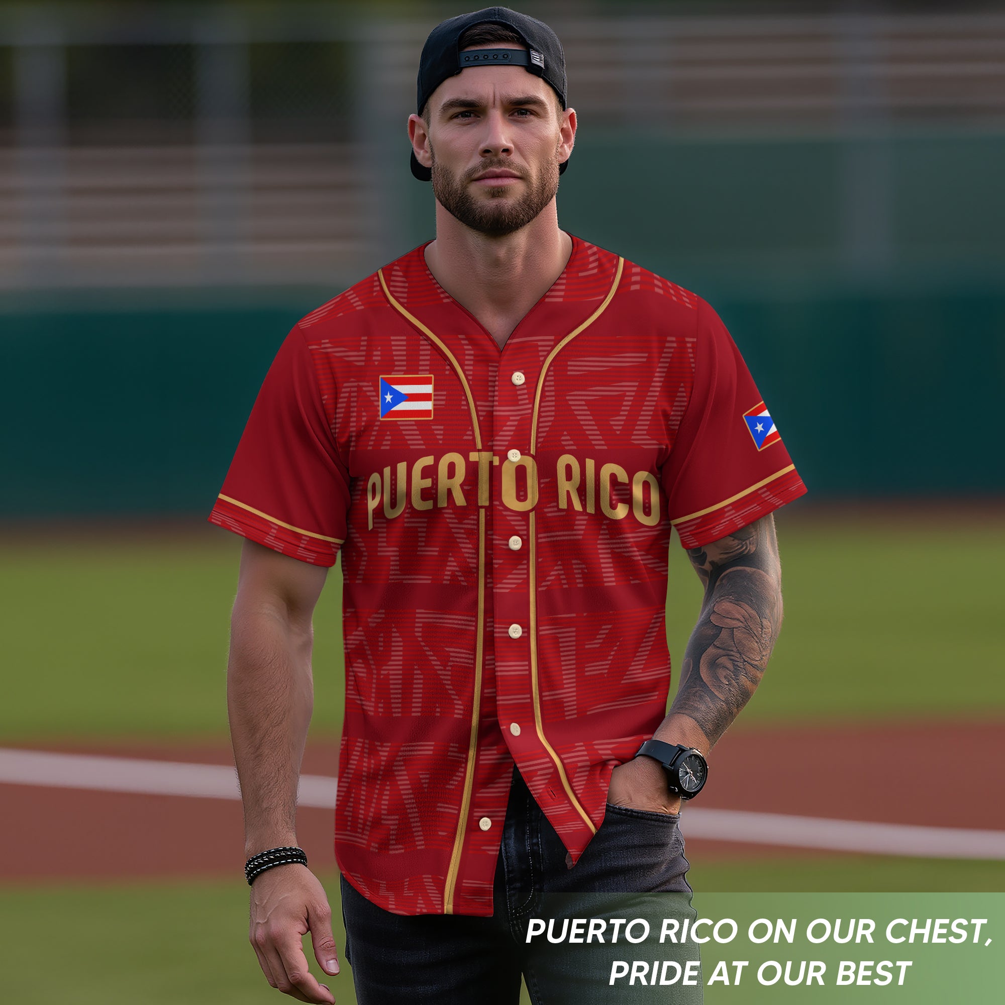 Puerto Rico Boricua Red Gold Taino Sun National Heritage Graphic Baseball Jersey