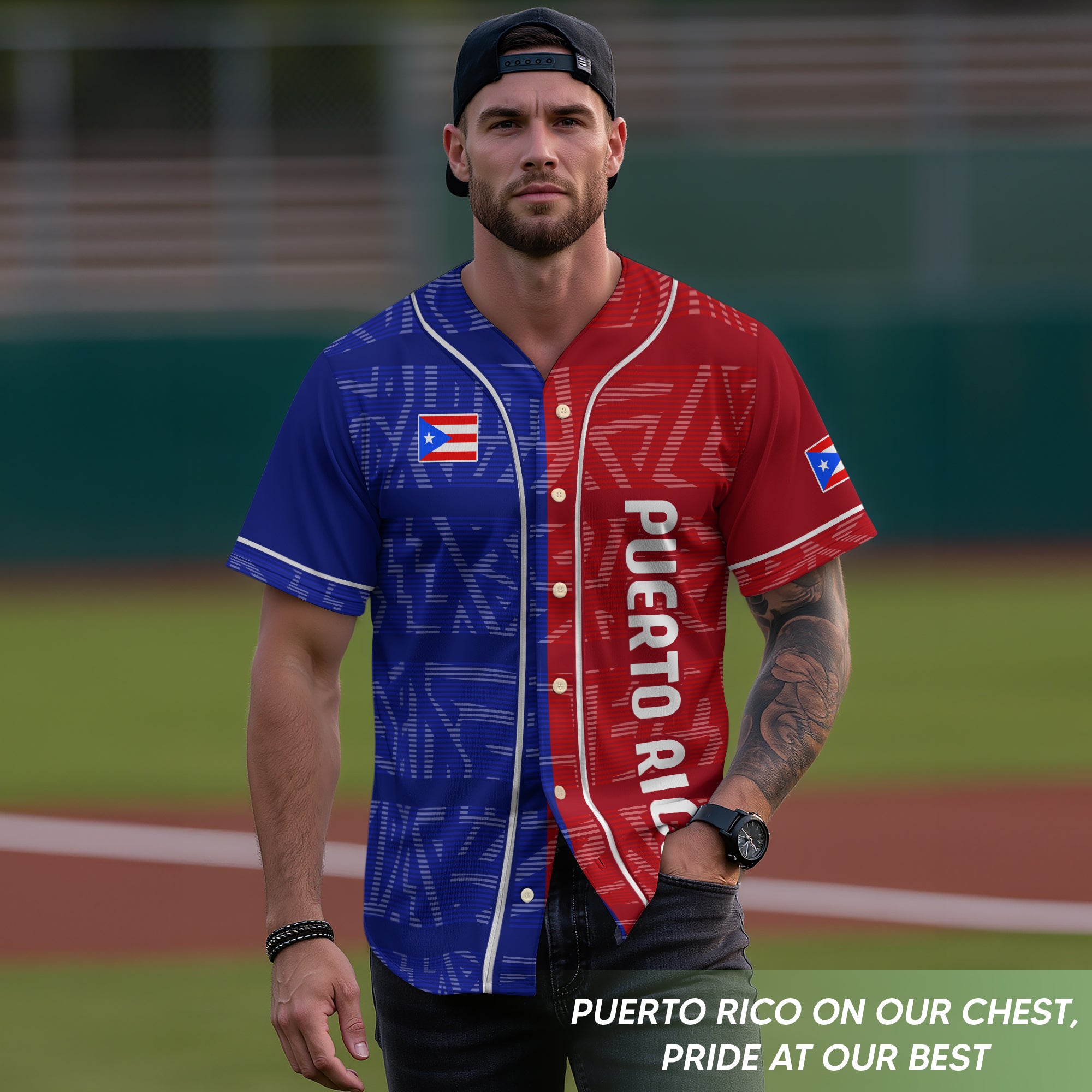 Camiseta de béisbol con estampado floral de hibisco y rana coquí de la fortaleza boricua de Puerto Rico