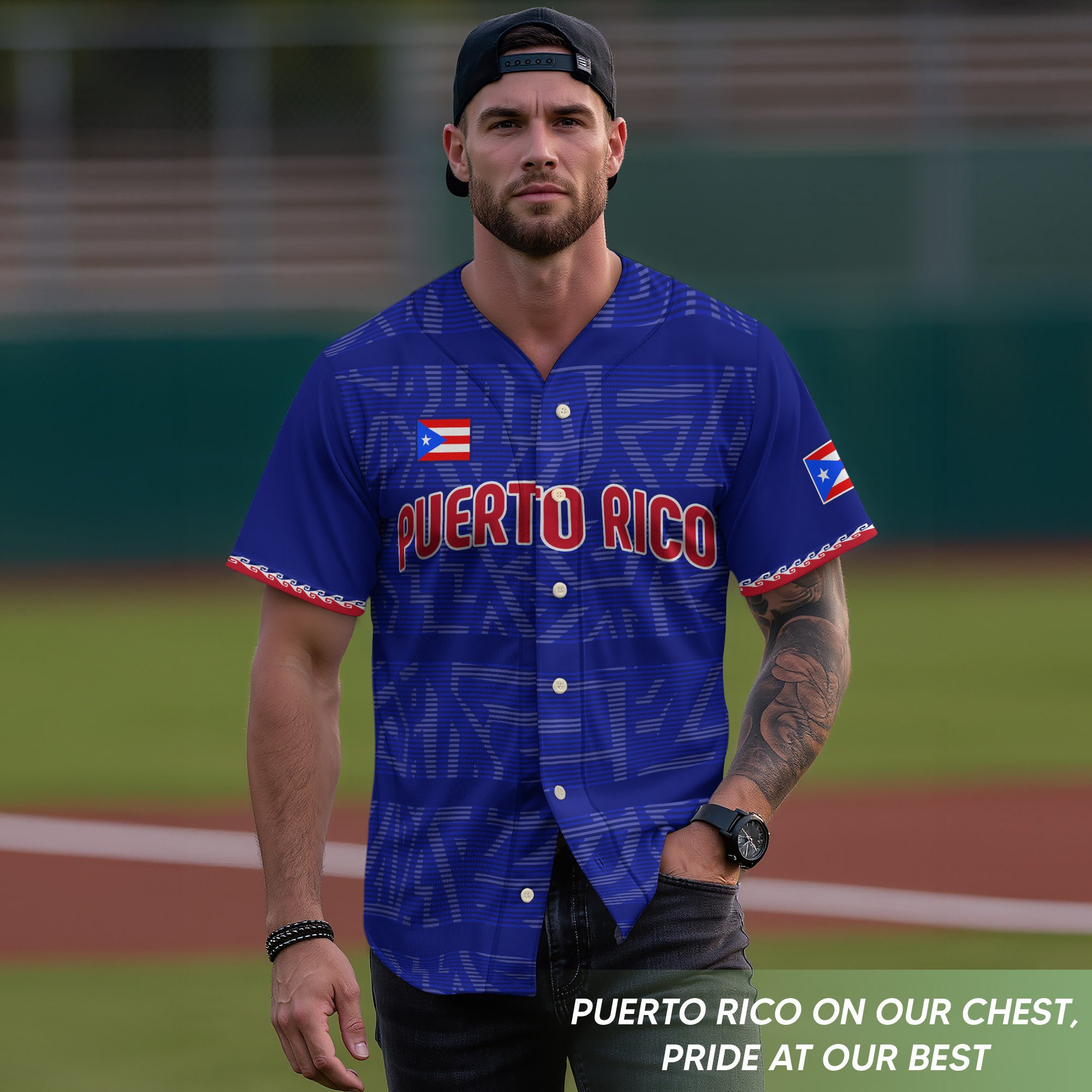 Puerto Rico Boricua Navy Royal Blue Taino Pattern Coqui Frog Baseball Jersey