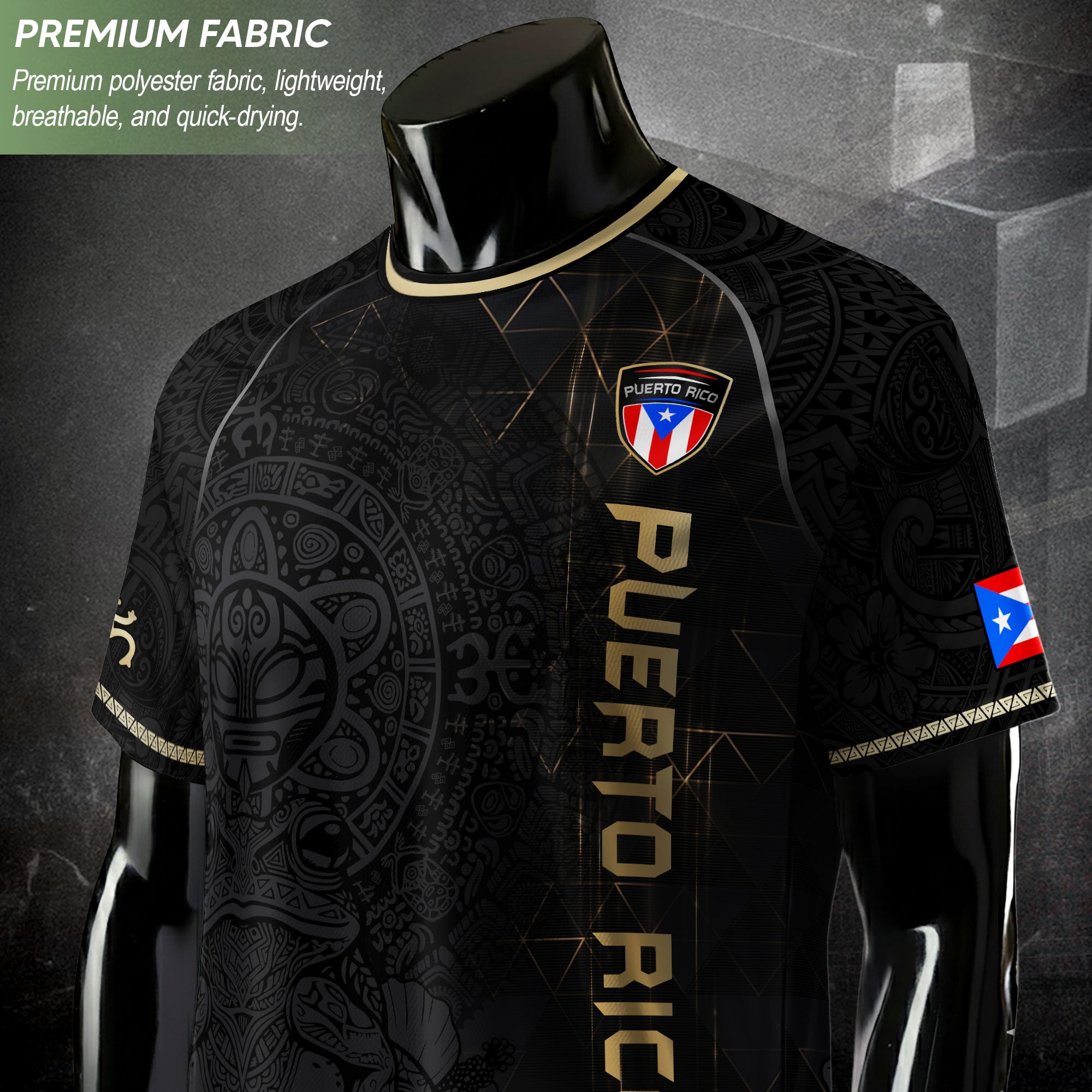 Camiseta de fútbol con máscara taína boricua azul marino de Puerto Rico, bandera tribal, orgullo nacional