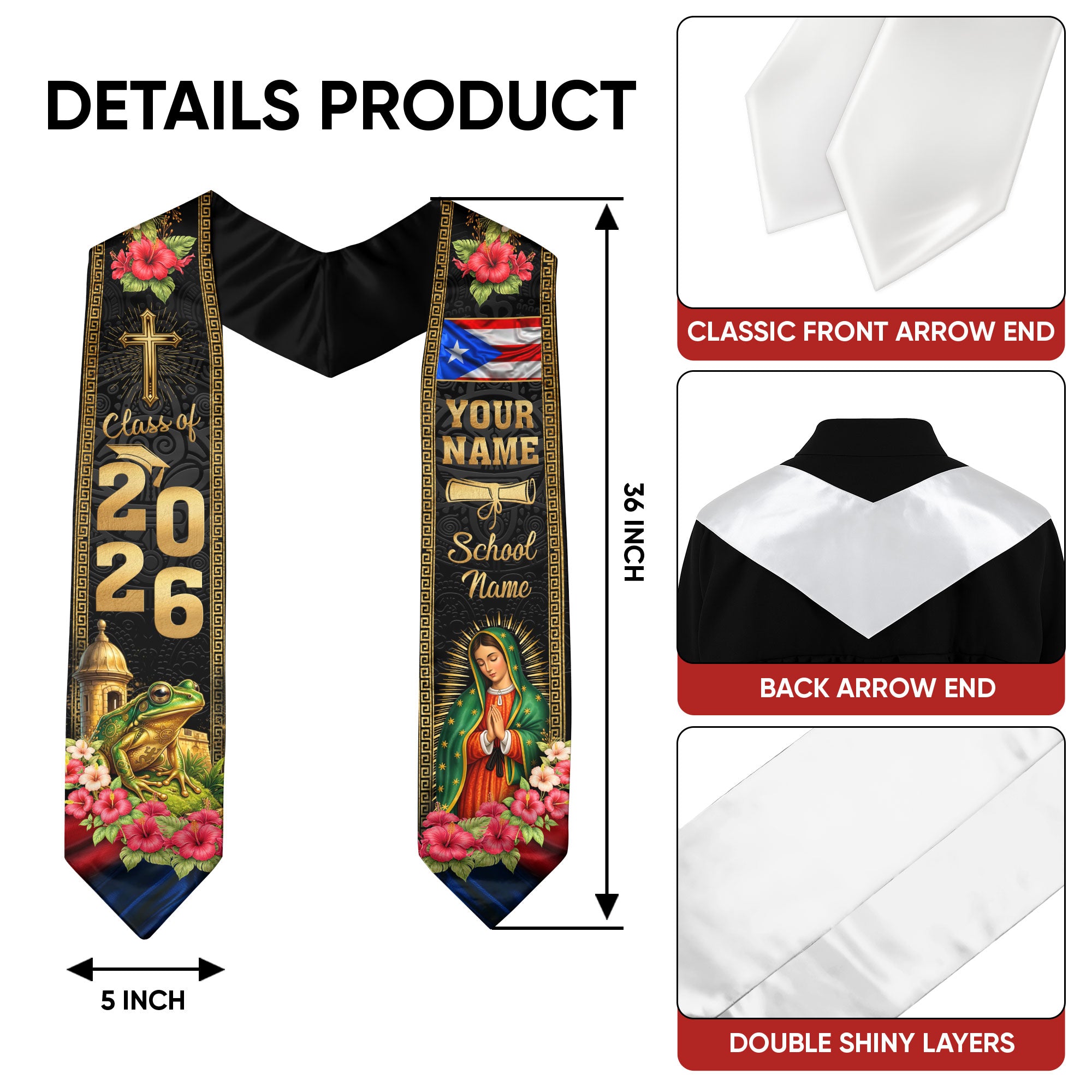 Custom Puerto Rico Graduation Stole 2026 – Guadalupe Cross Coqui Flag Sash