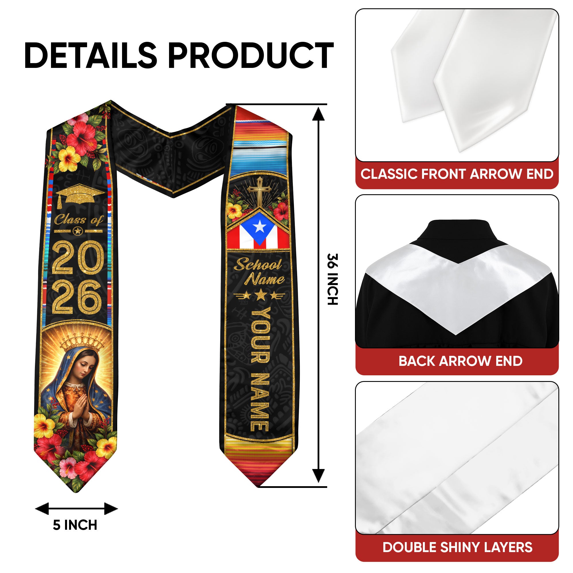 Puerto Rican Graduation Stole Custom 2026 Guadalupe Cross Flag Sash Gift