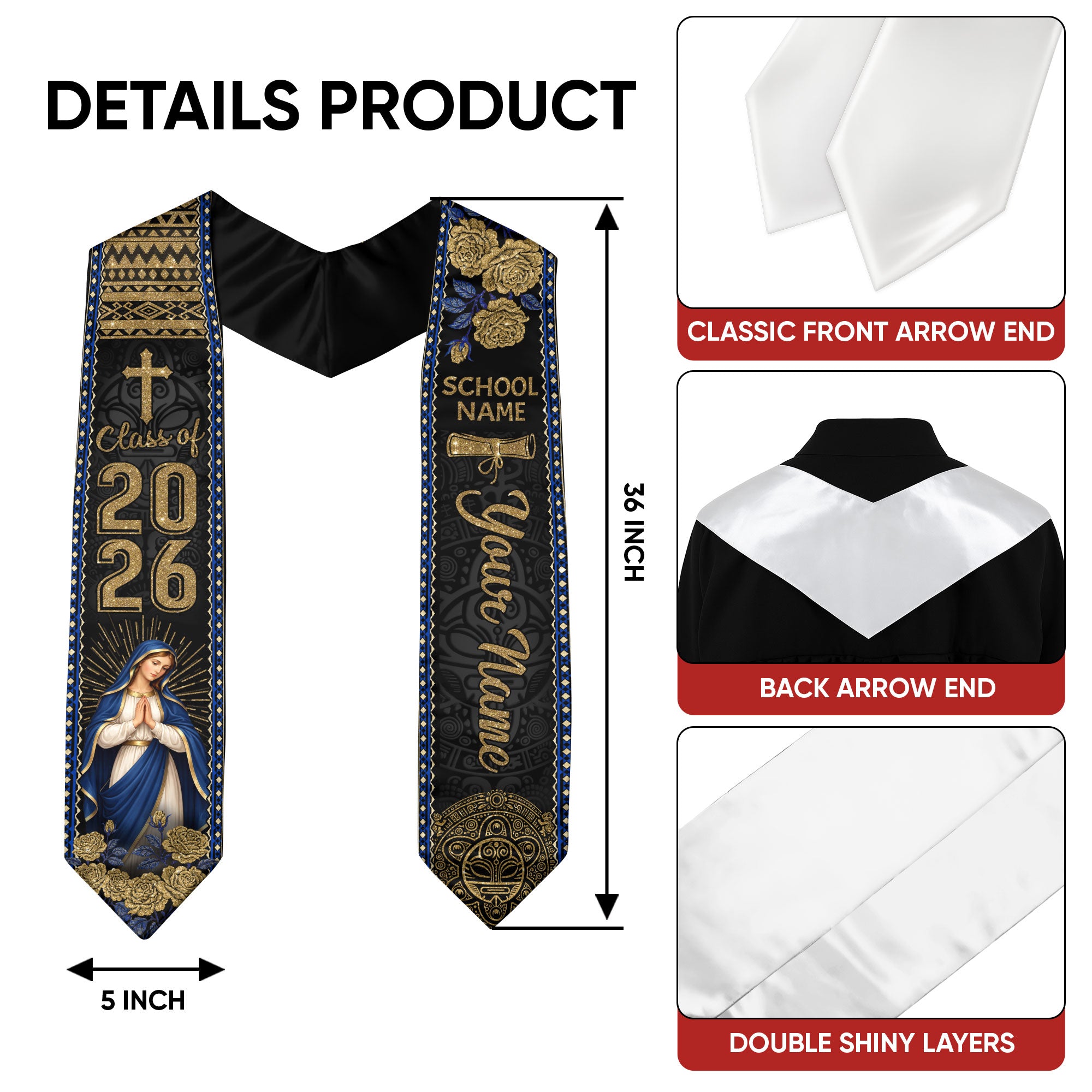 Mexico Graduation Stole Custom 2026 Virgin Mary Cross Aztec Sash Gift
